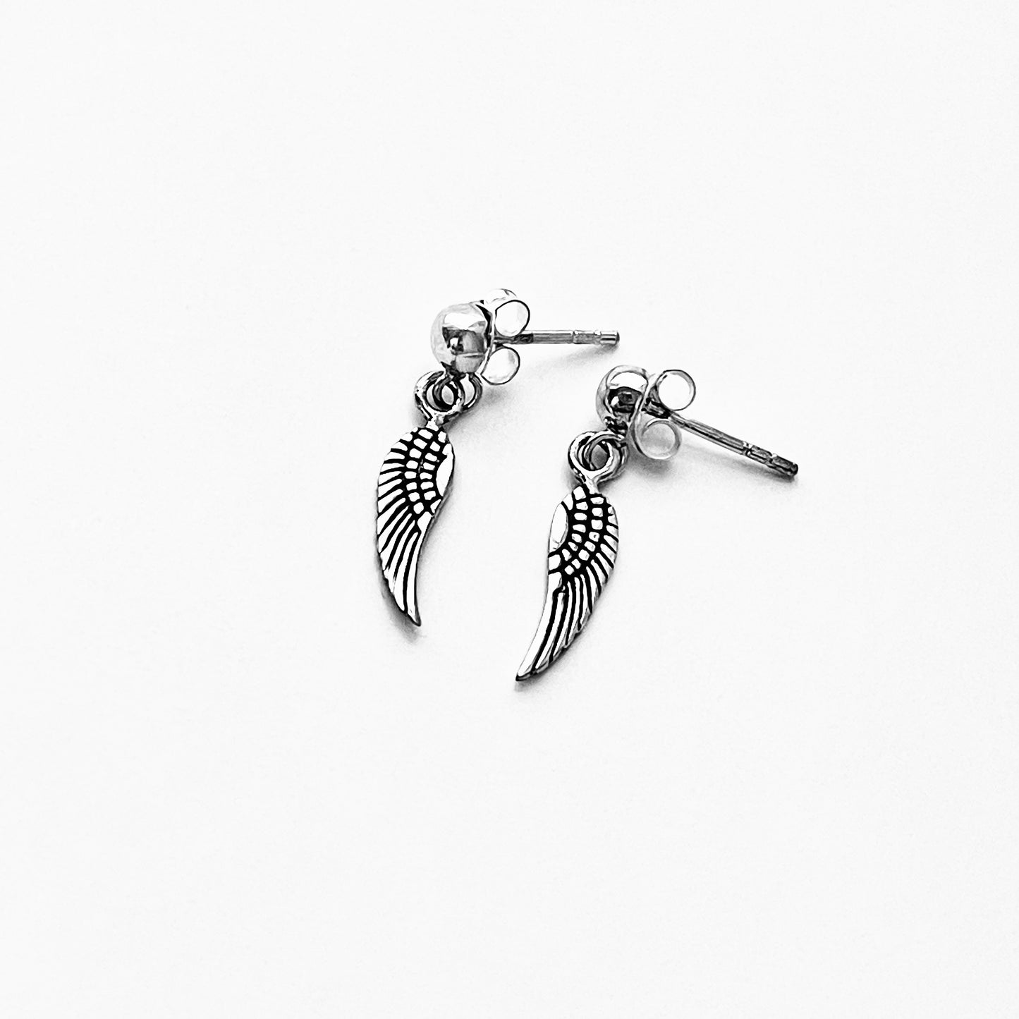 Sterling Silver Small Drop Angle Wings Stud Earring, Silver Earrings, Feather, Birds, Angels