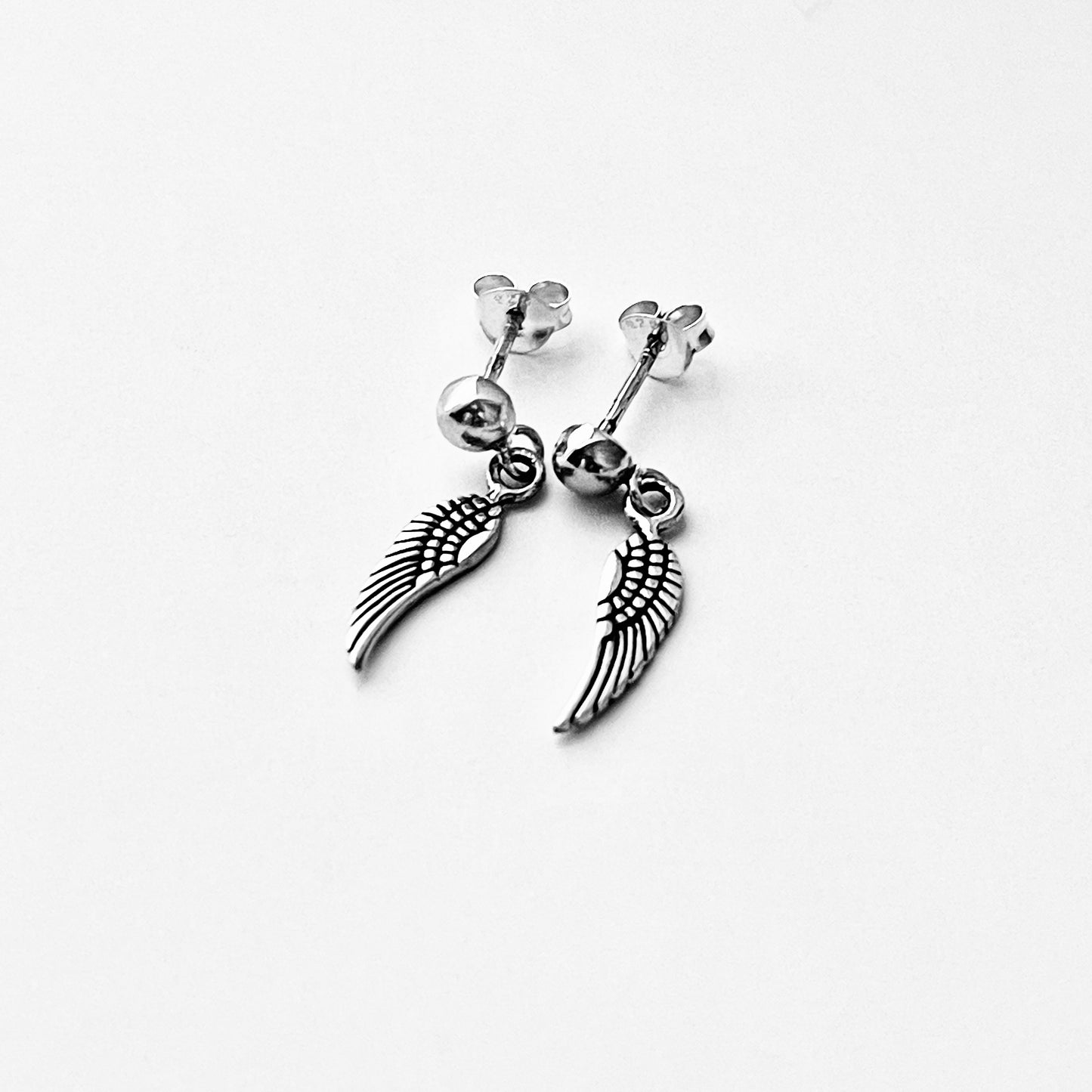 Sterling Silver Small Drop Angle Wings Stud Earring, Silver Earrings, Feather, Birds, Angels