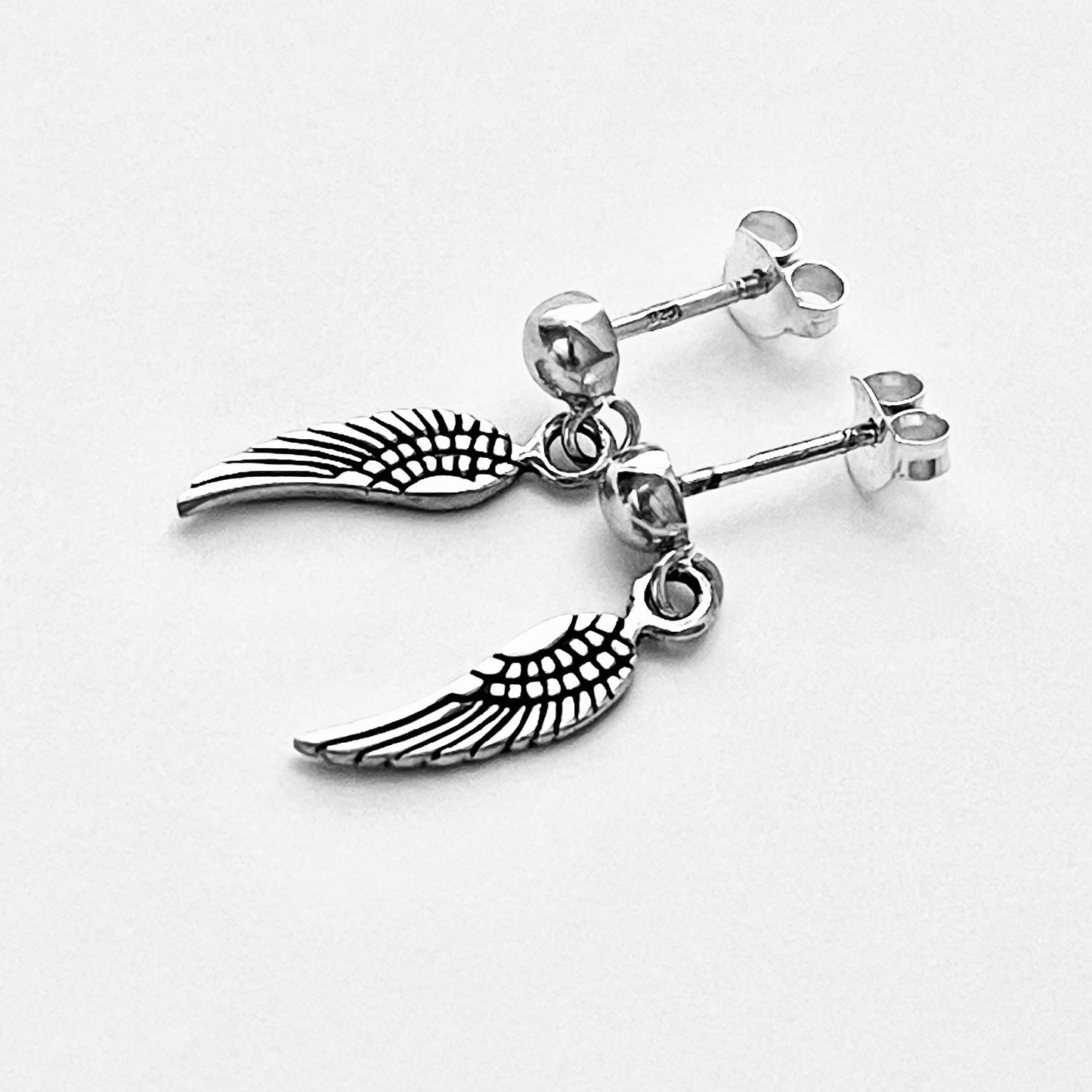 Sterling Silver Small Drop Angle Wings Stud Earring, Silver Earrings, Feather, Birds, Angels