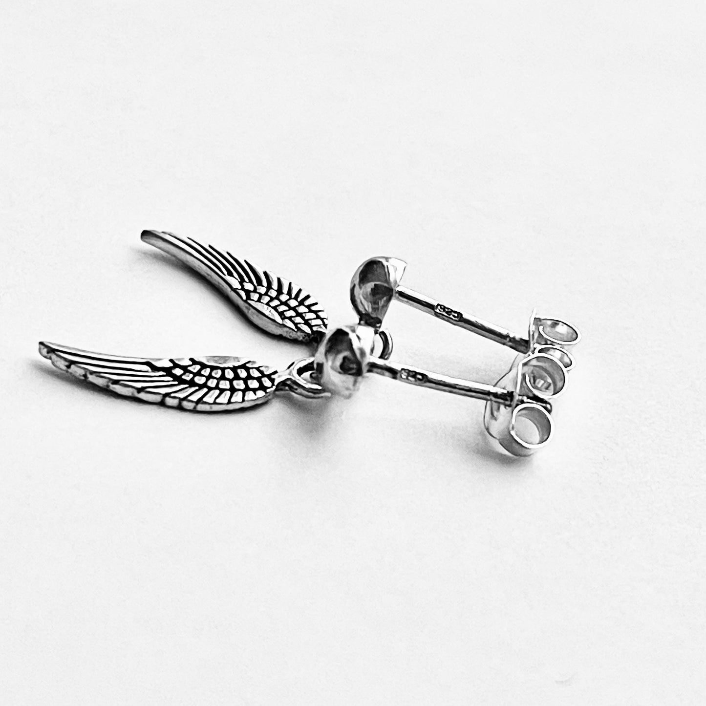 Sterling Silver Small Drop Angle Wings Stud Earring, Silver Earrings, Feather, Birds, Angels