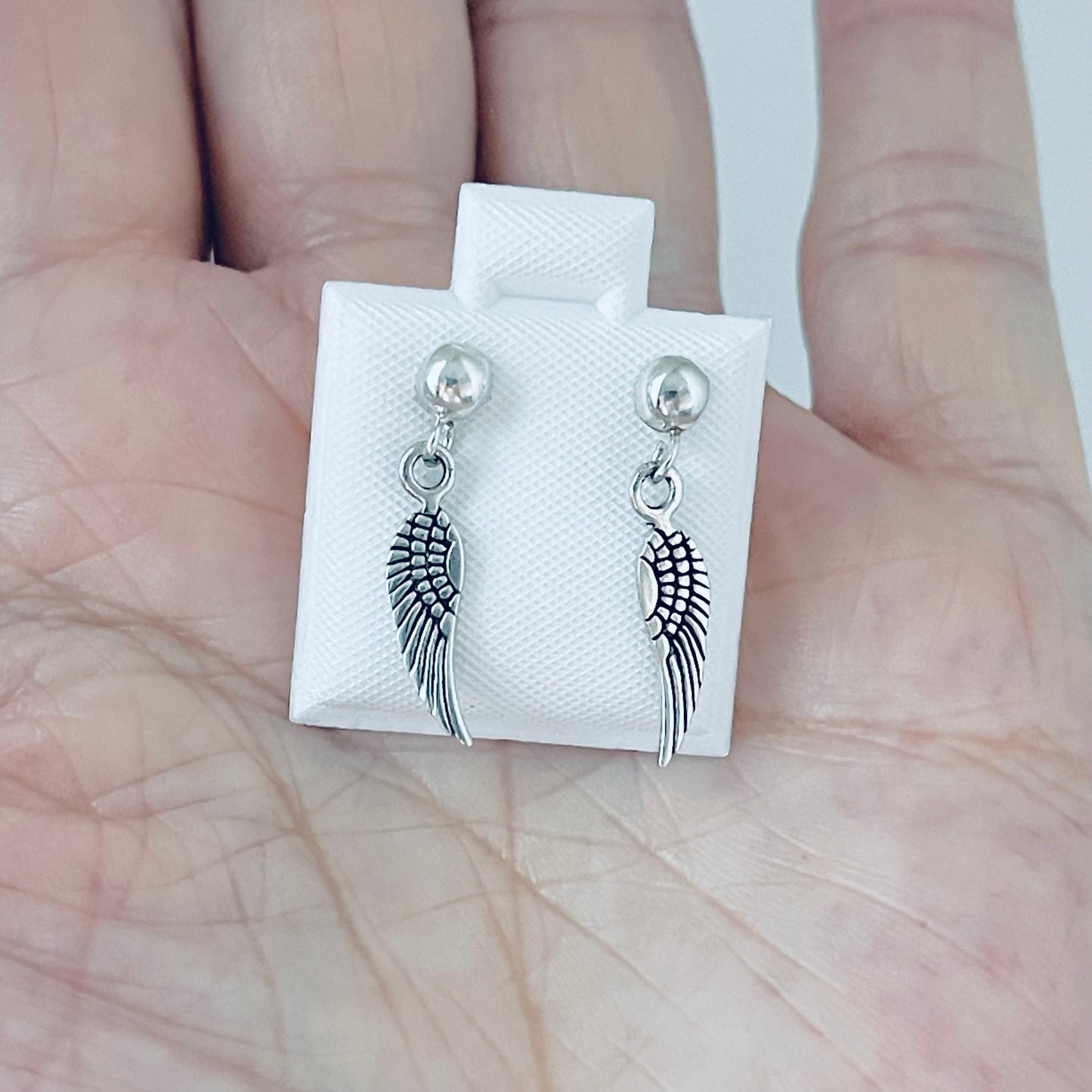 Sterling Silver Small Drop Angle Wings Stud Earring, Silver Earrings, Feather, Birds, Angels