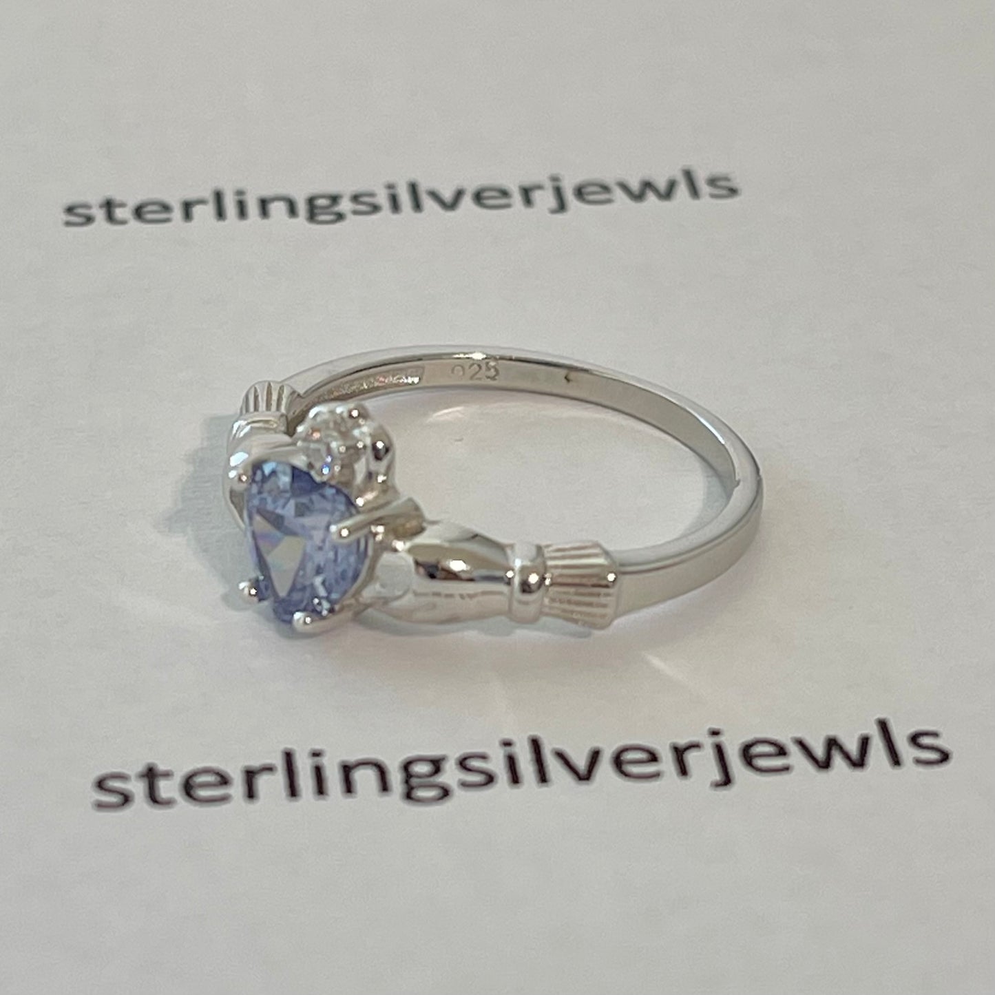 Sterling Silver Tanzanite CZ Heart Claddagh Ring, December Birthstone Rings, Irish Crown Hearts