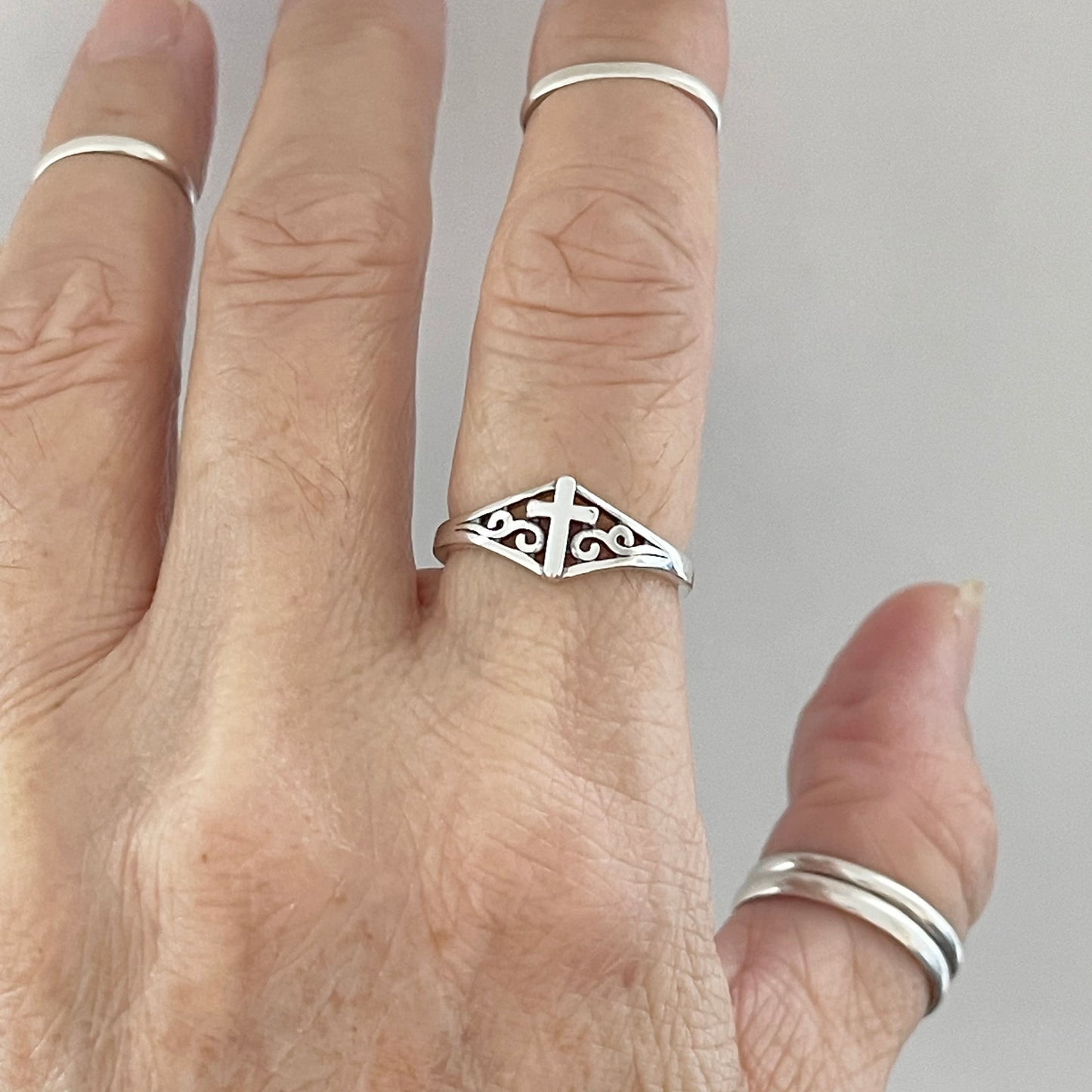 Sterling Silver Swirl and Cross Ring, Religious Ring, Silver Rings