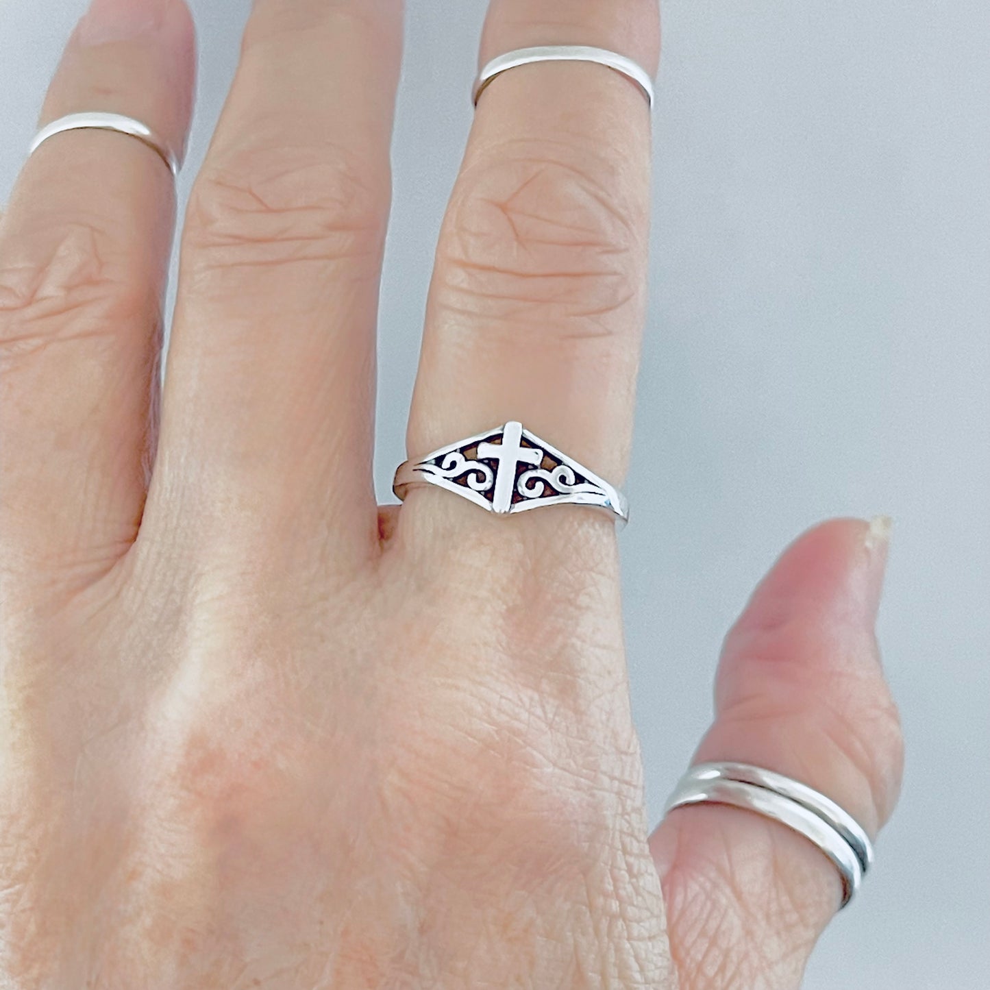 Sterling Silver Swirl Cross Ring – Dainty Religious Statement Rings