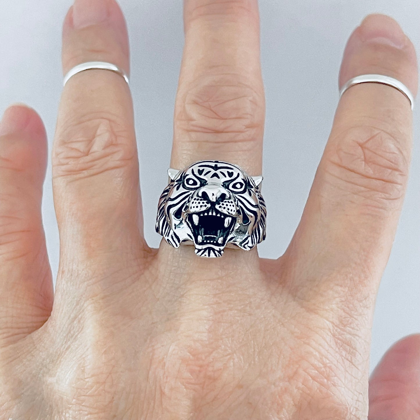 Sterling Silver Unisex Heavy Tiger Head Ring, Big Cat, Silver Rings, Animal Ring, Tigers