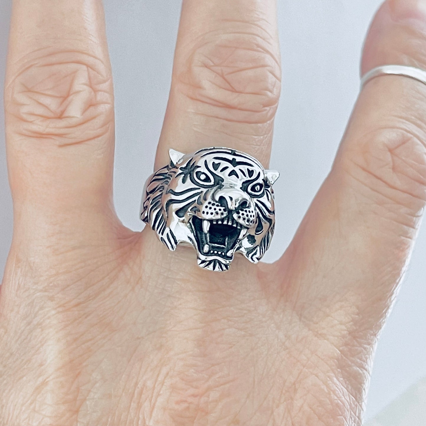 Sterling Silver Unisex Heavy Tiger Head Ring, Big Cat, Silver Rings, Animal Ring, Tigers