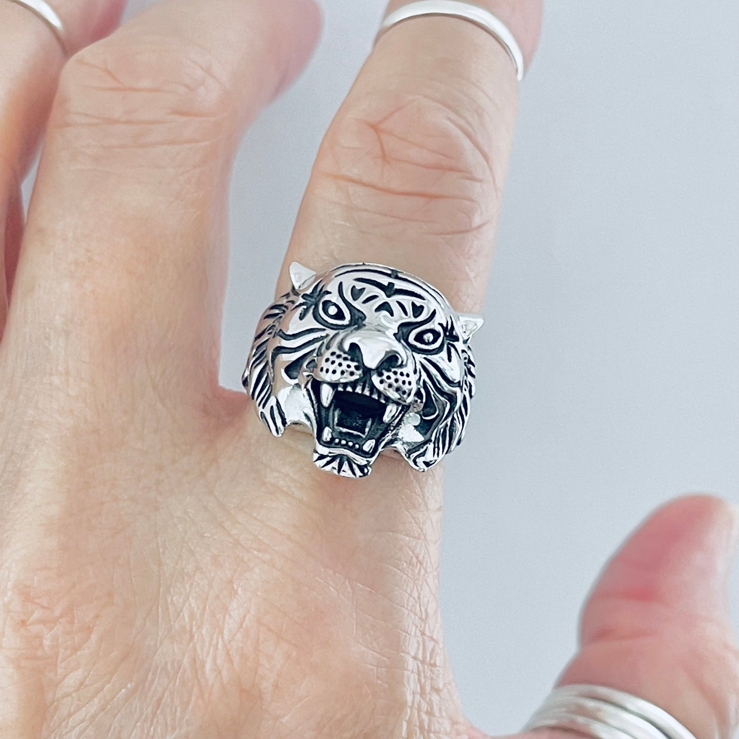 Sterling Silver Unisex Heavy Tiger Head Ring, Big Cat, Silver Rings, Animal Ring, Tigers