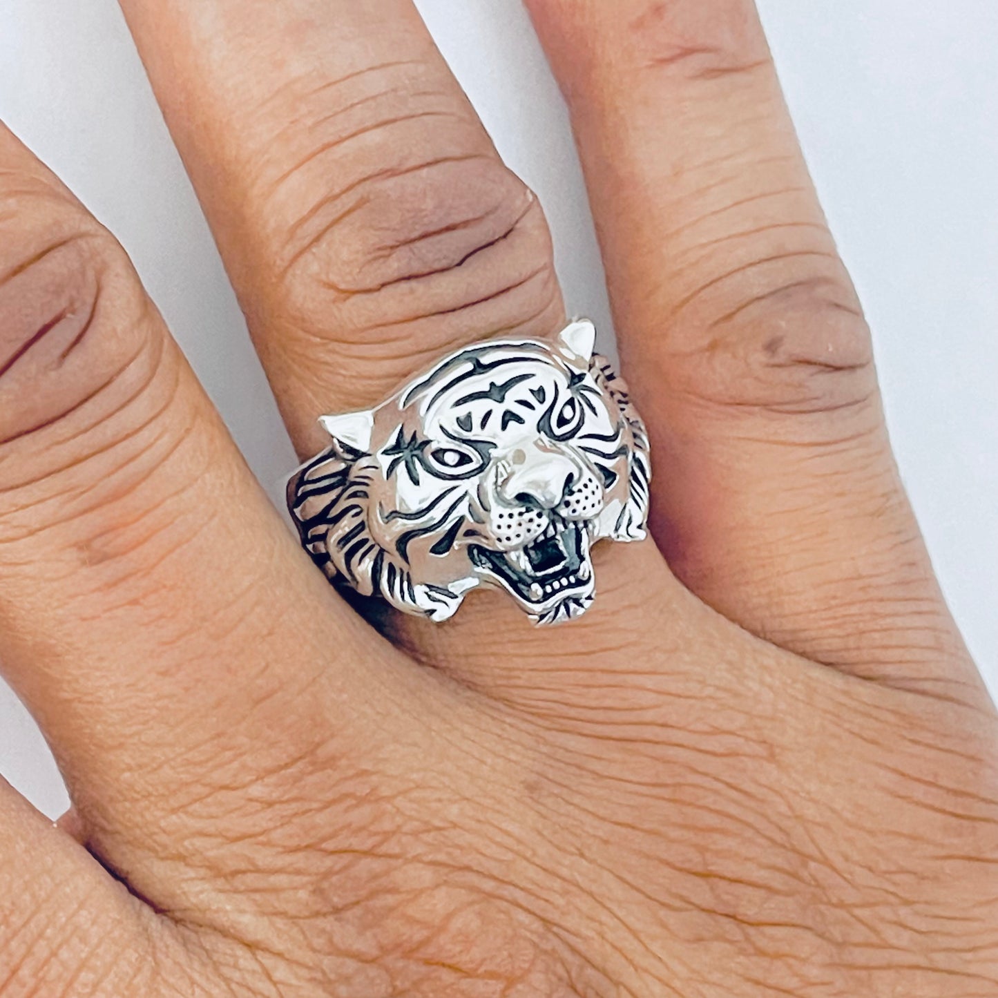 Sterling Silver Unisex Heavy Tiger Head Ring, Big Cat, Silver Rings, Animal Ring, Tigers