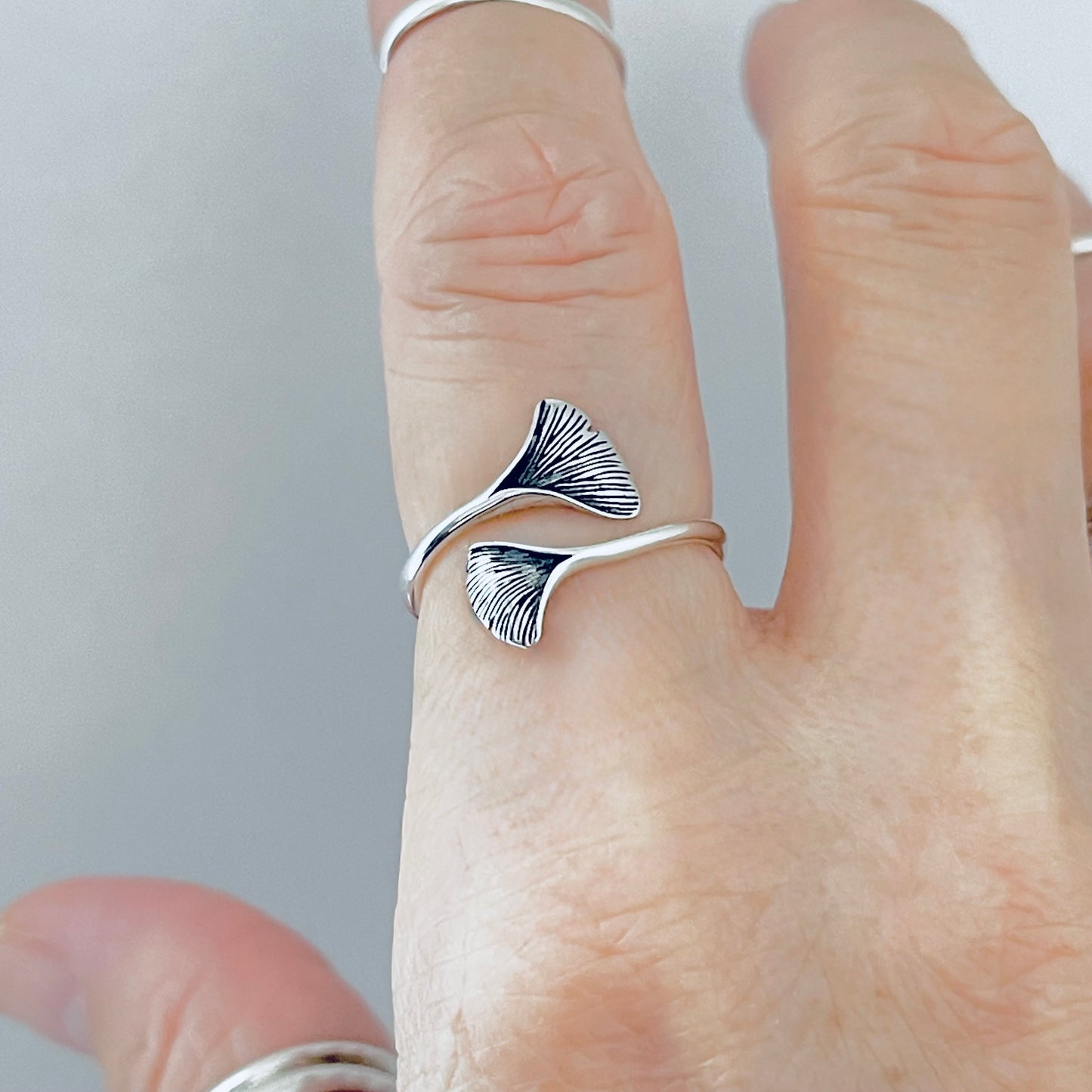 Sterling Silver Delicate Wraparound Ginkgo Leaf Ring | Fan Shaped Leaves Silver Rings