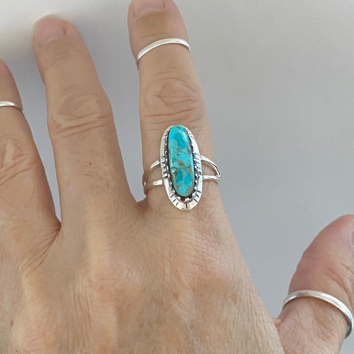 Sterling Silver Long Oval Genuine Turquoise Ring, Statement Boho Jewelry