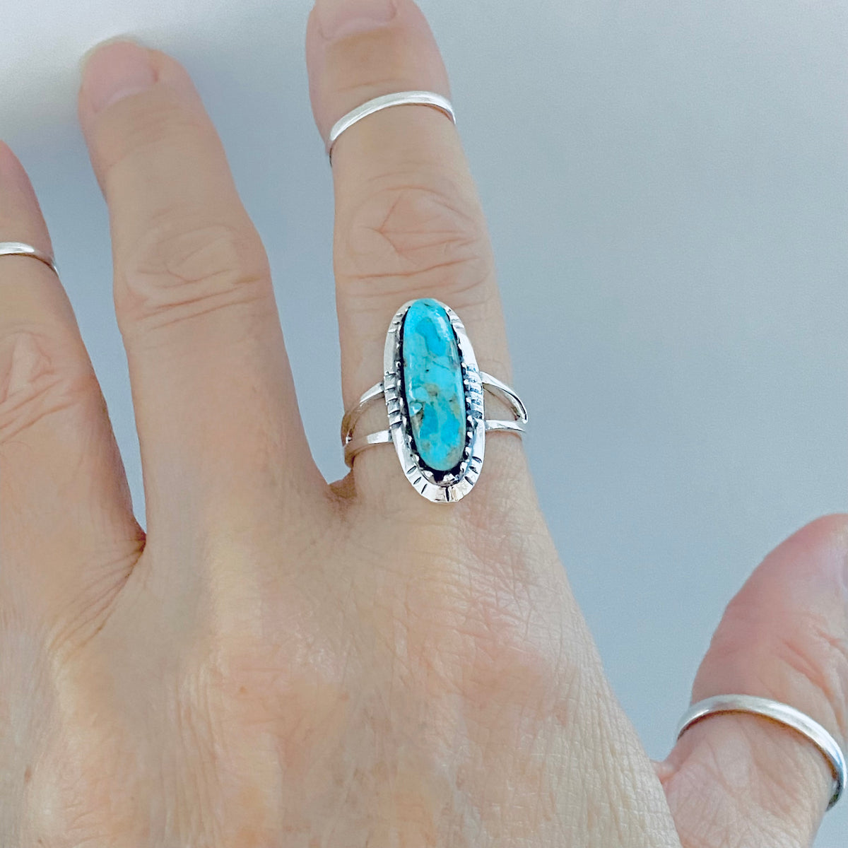 925 Sterling Silver Long Oval Genuine Turquoise Ring | Bold Boho Statement Stone Jewelry