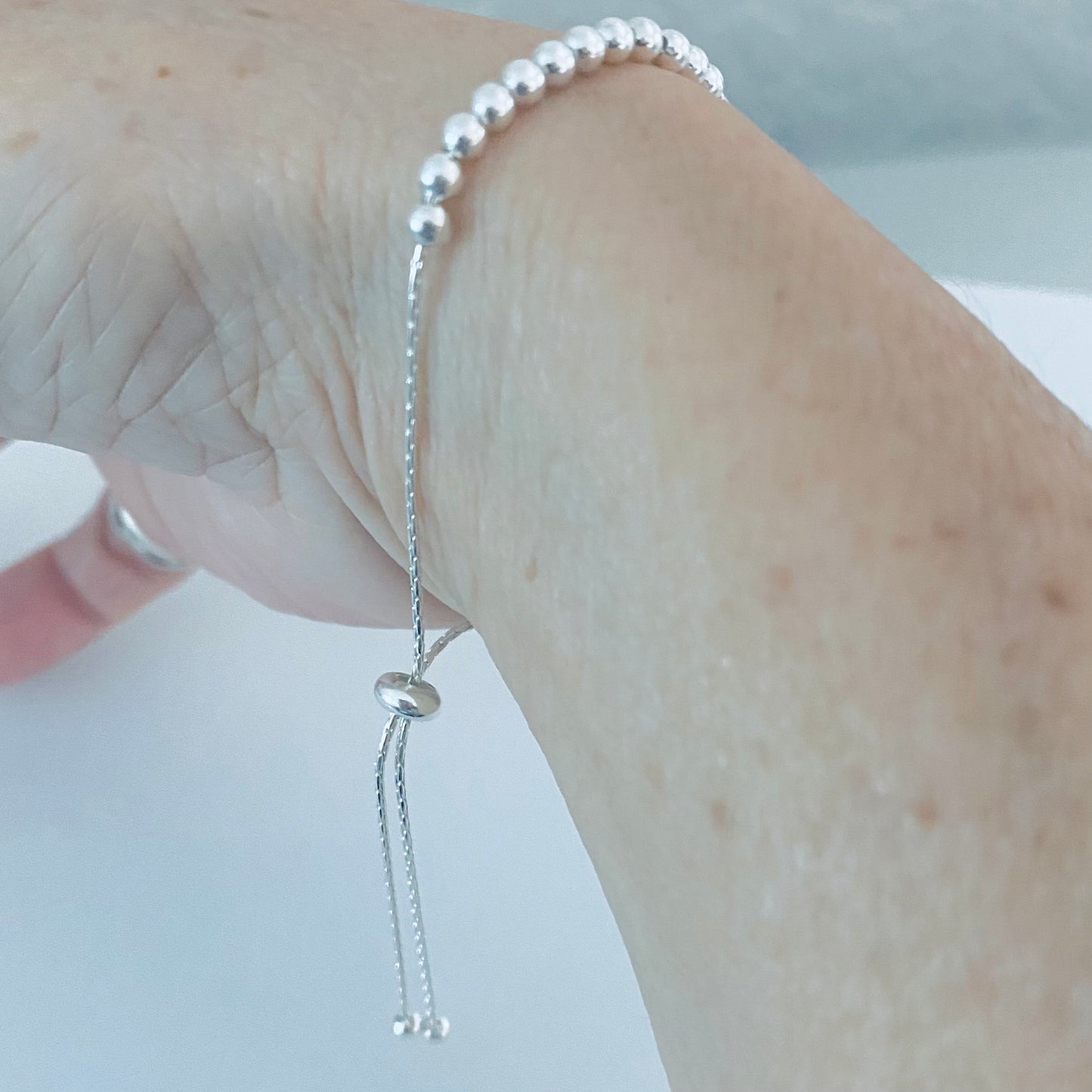 925 Sterling Silver Delicate Bead and Bar Bracelet with Slip Knot | Dainty Boho Silver Bracelets