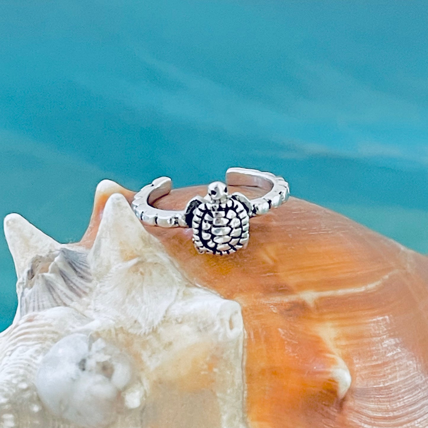 Sterling Silver Dainty Turtle Toe Ring with Dot Band | Ocean Animal Beach Silver Rings