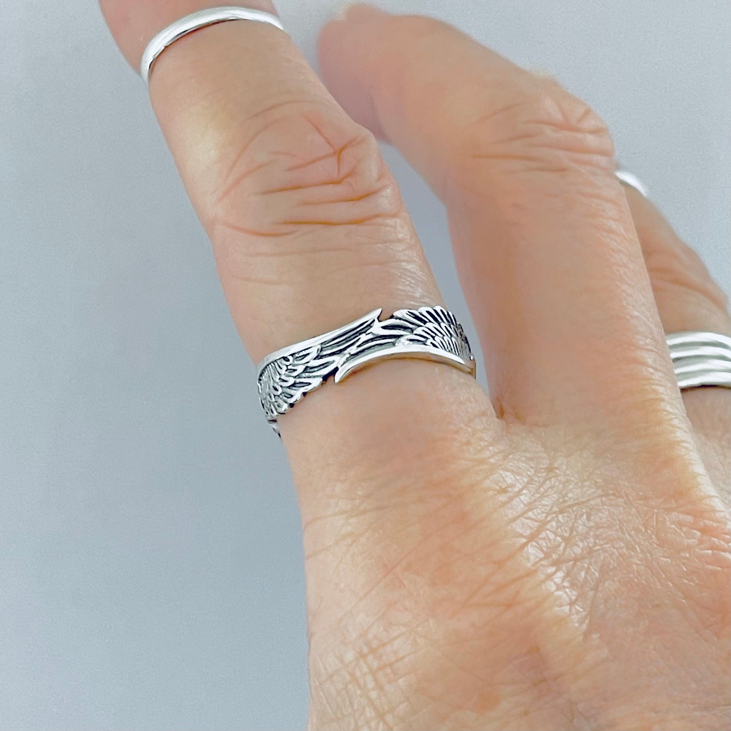 Sterling Silver Eternity Feather Ring, Angel Wing Rings, Spirit Bird Jewelry