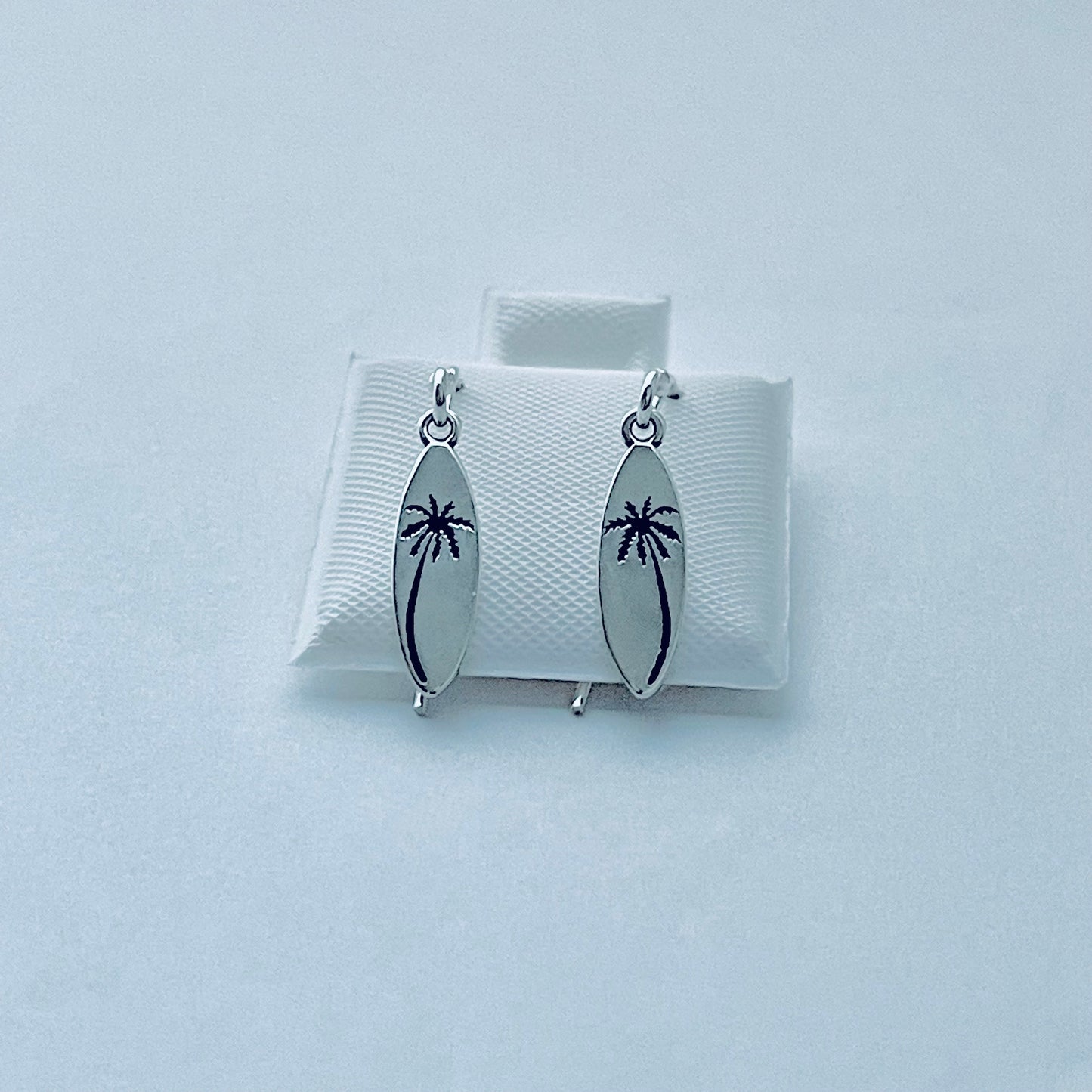 925 Sterling Silver Palm Tree Surfboard Dangle Earrings | Tropical Beach Silver Jewelry