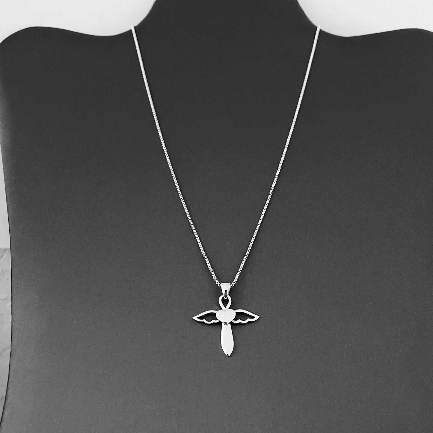 Sterling Silver Heart Angle Cross Necklace, Silver Necklaces, Wings, Hearts