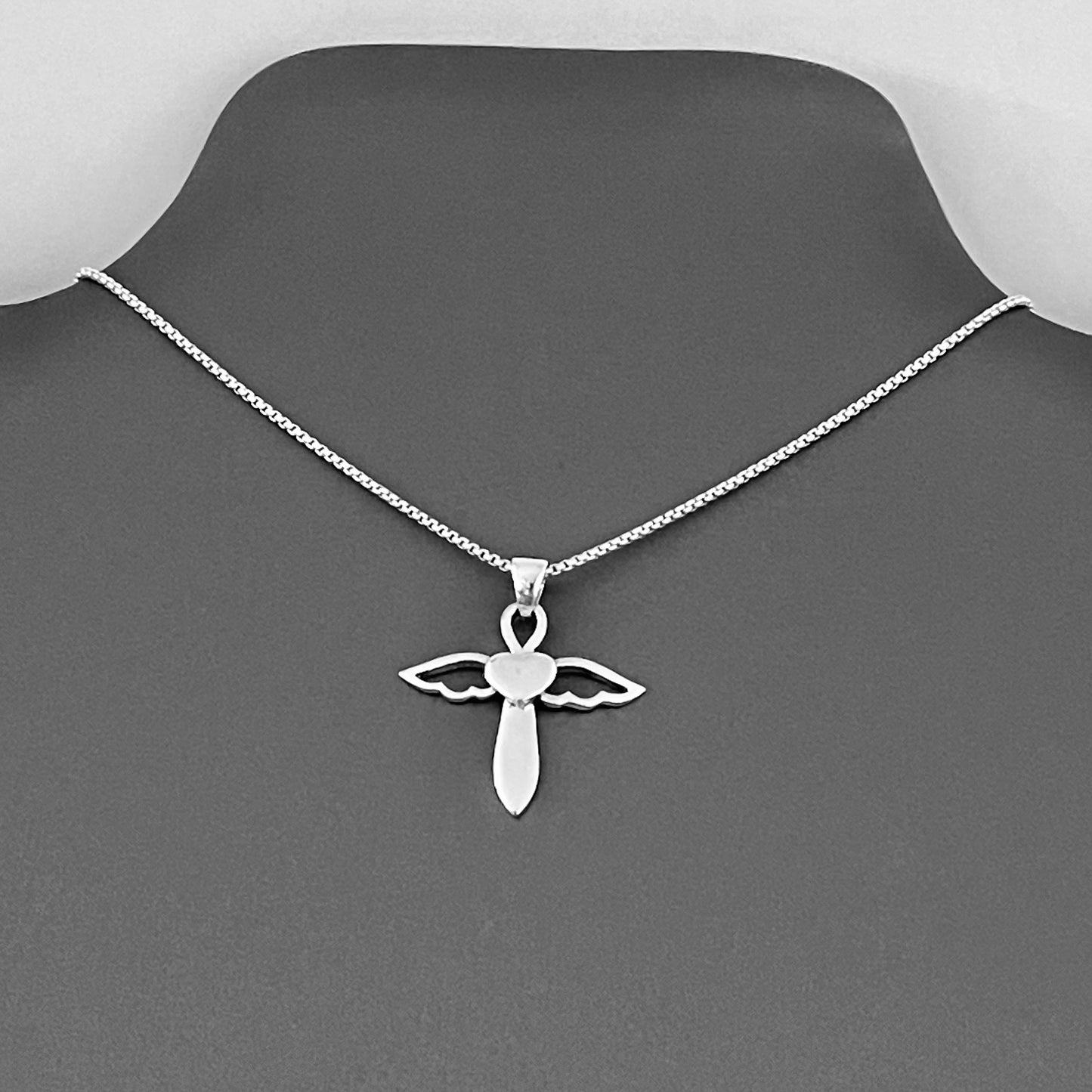 Sterling Silver Heart Angle Cross Necklace, Silver Necklaces, Wings, Hearts