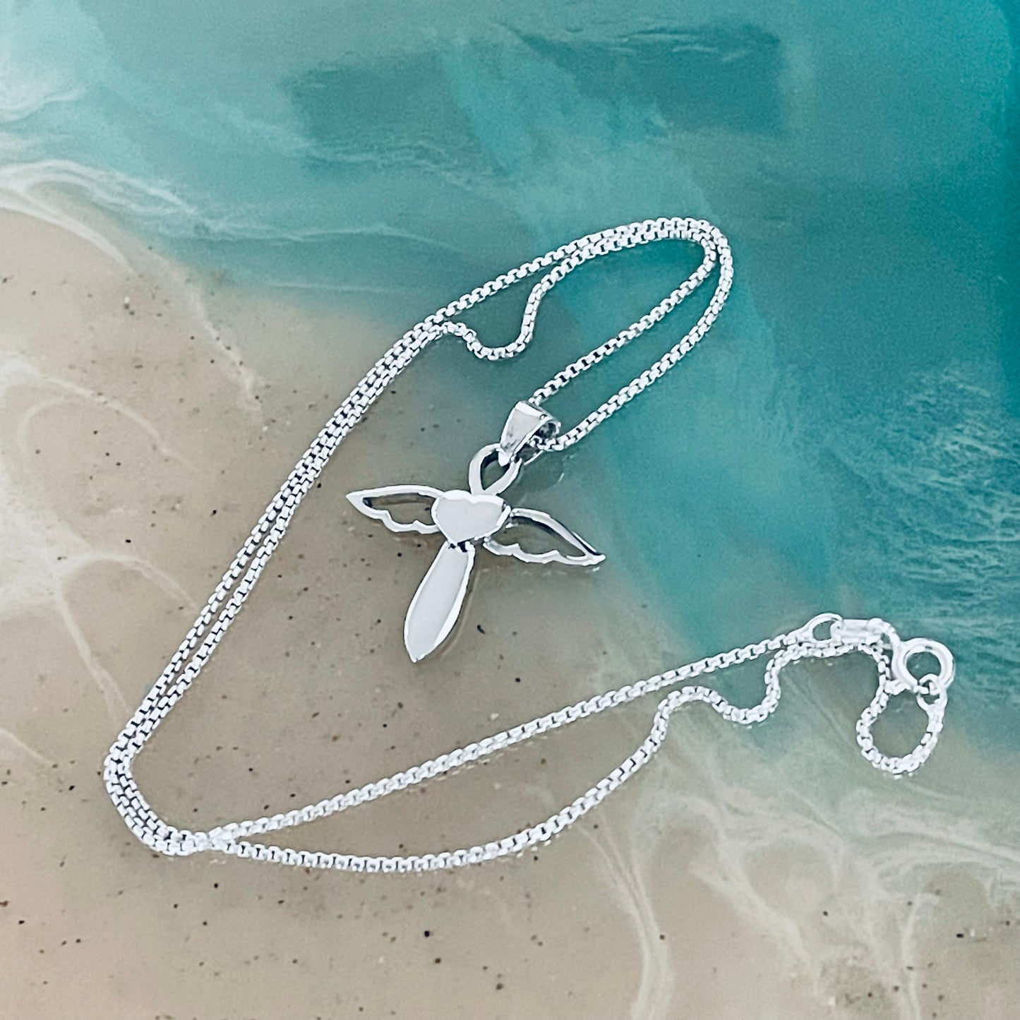 Sterling Silver Heart Angle Cross Necklace, Silver Necklaces, Wings, Hearts