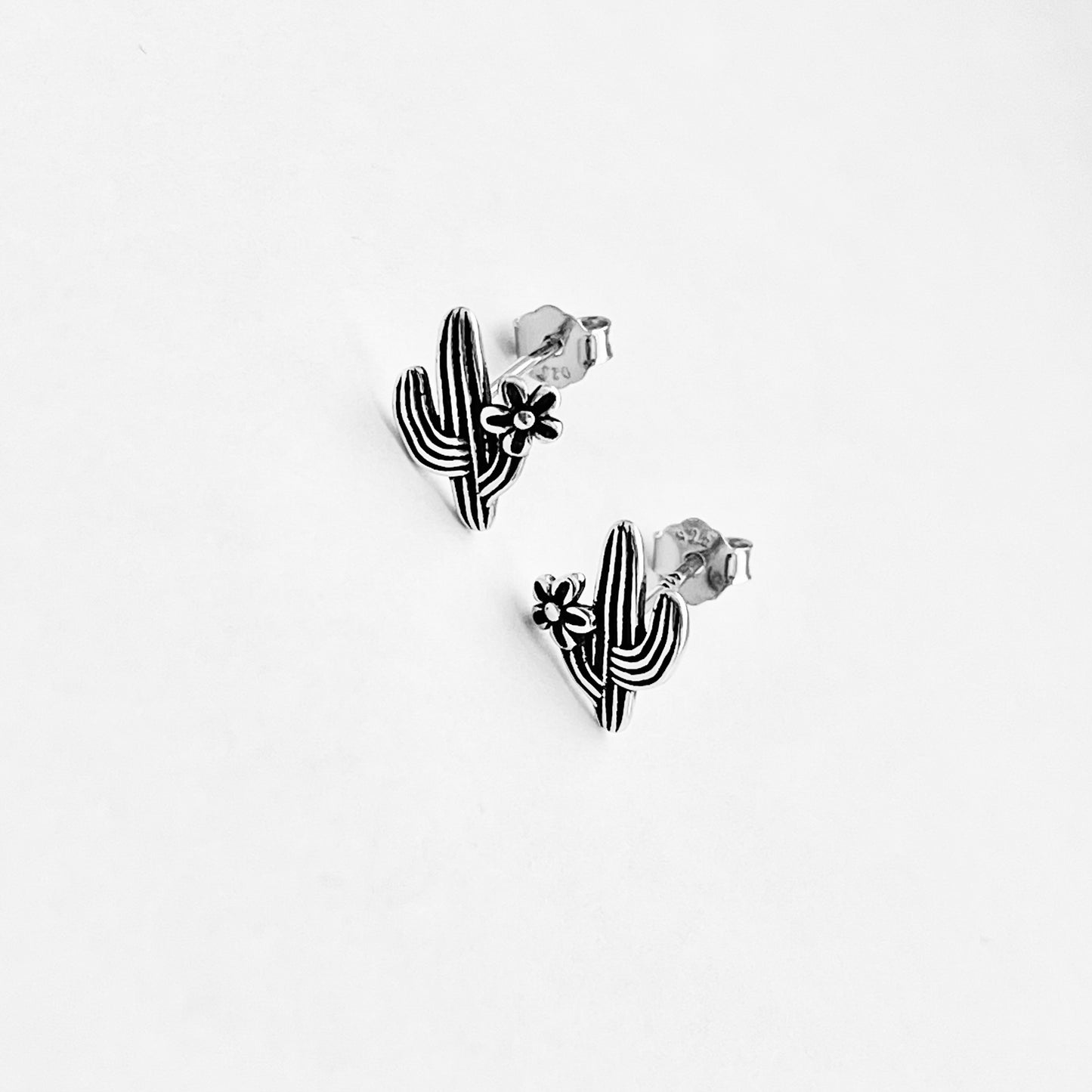 Sterling Silver Cactus Stud Earrings with Flower, Silver Earring, Tree Leaves, Desert Plants