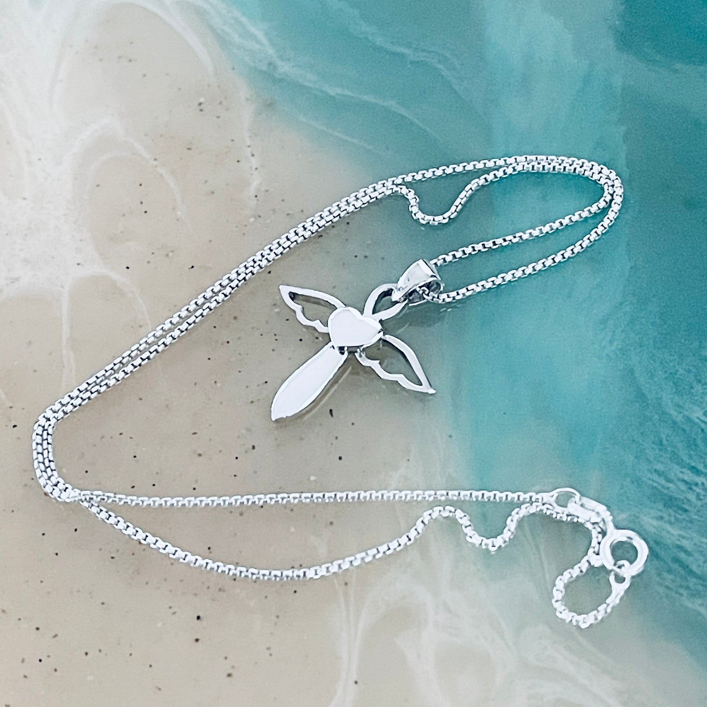 Sterling Silver Heart Angle Cross Necklace, Silver Necklaces, Wings, Hearts
