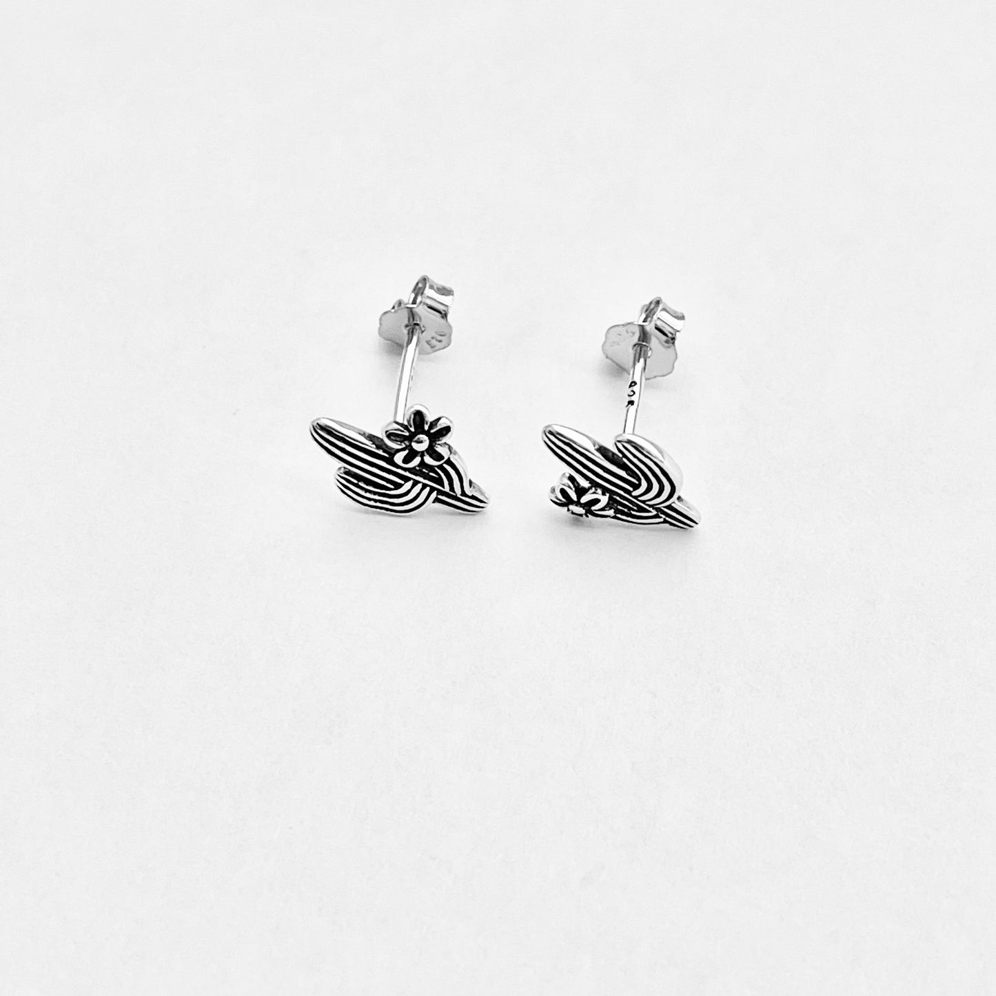Sterling Silver Cactus Stud Earrings with Flower, Silver Earring, Tree Leaves, Desert Plants