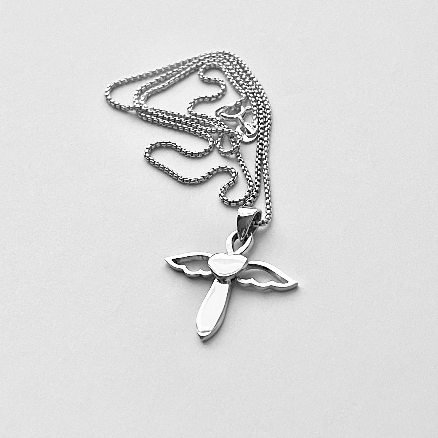 Sterling Silver Heart Angle Cross Necklace, Silver Necklaces, Wings, Hearts