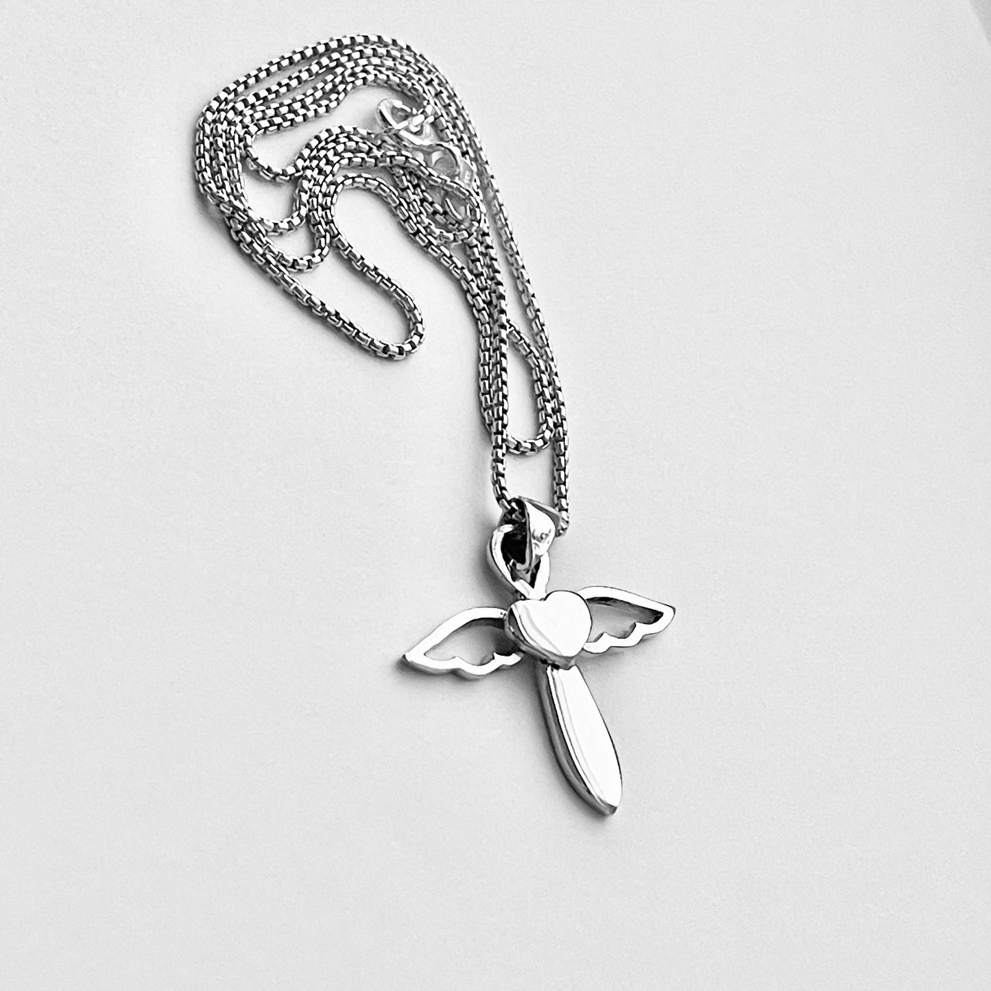 Sterling Silver Heart Angle Cross Necklace, Silver Necklaces, Wings, Hearts