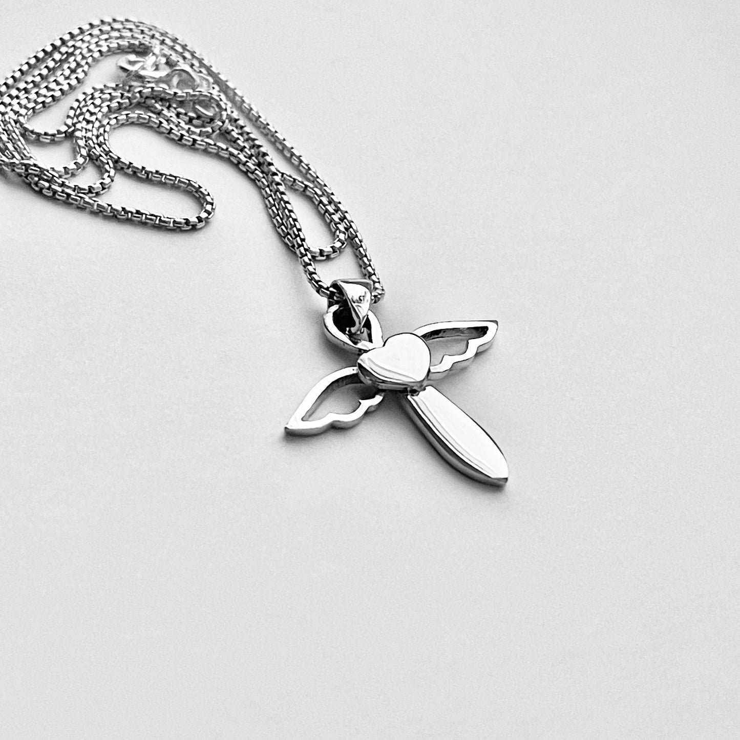 Sterling Silver Heart Angle Cross Necklace, Silver Necklaces, Wings, Hearts