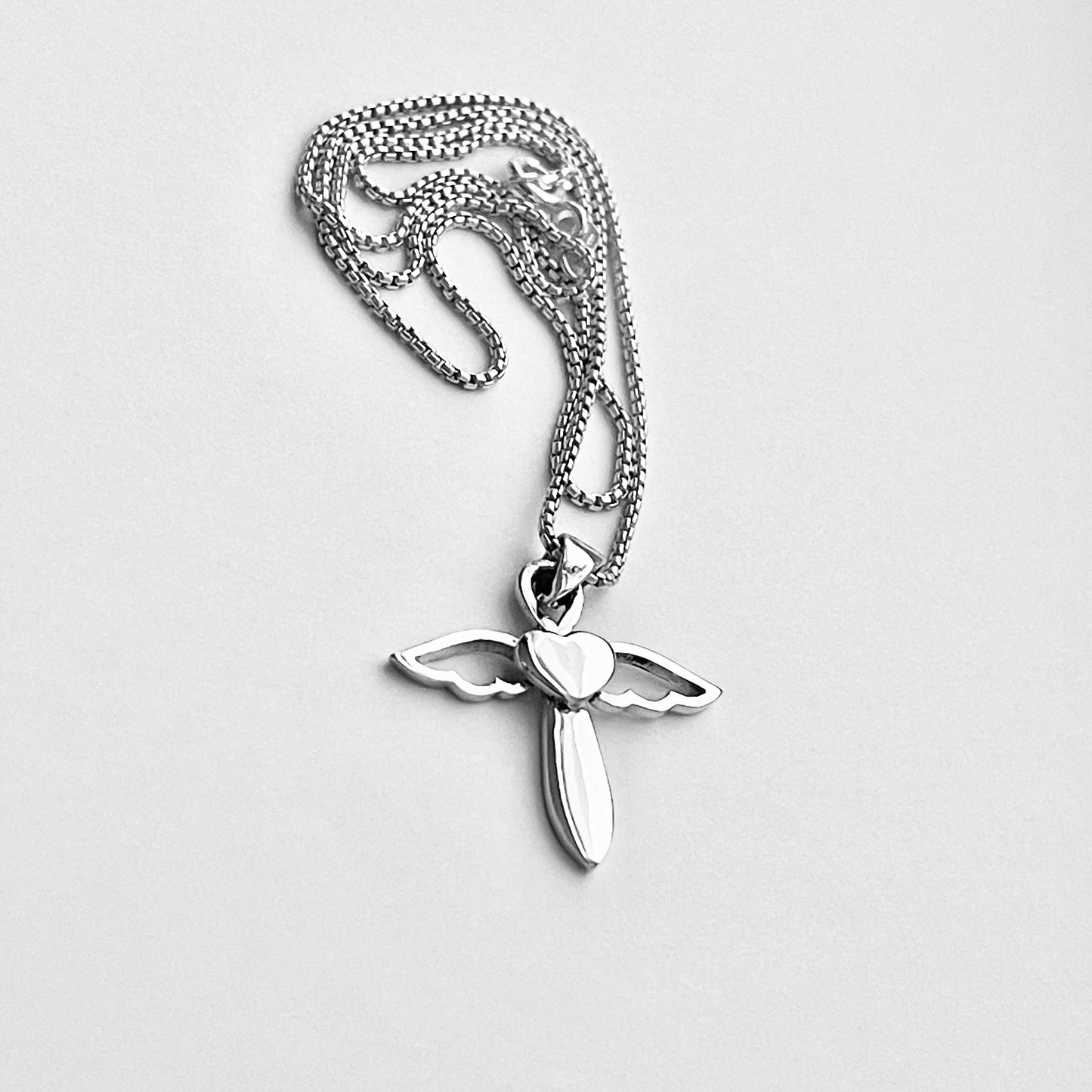Sterling Silver Heart Angle Cross Necklace, Silver Necklaces, Wings, Hearts