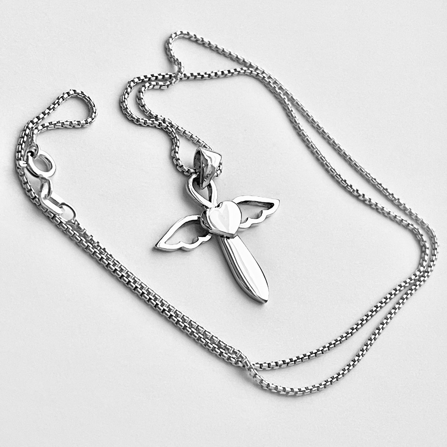Sterling Silver Heart Angle Cross Necklace, Silver Necklaces, Wings, Hearts