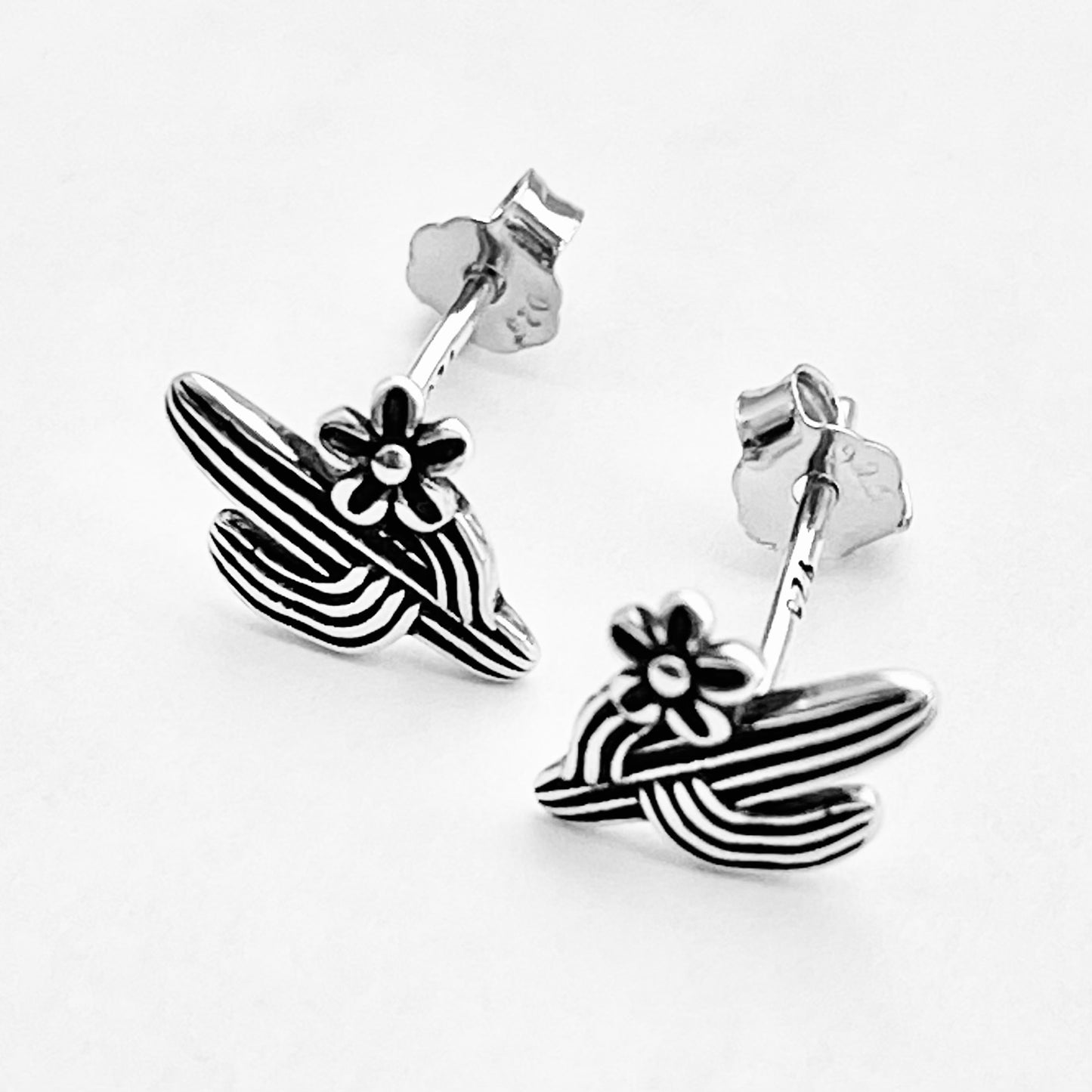 Sterling Silver Cactus Stud Earrings with Flower, Silver Earring, Tree Leaves, Desert Plants