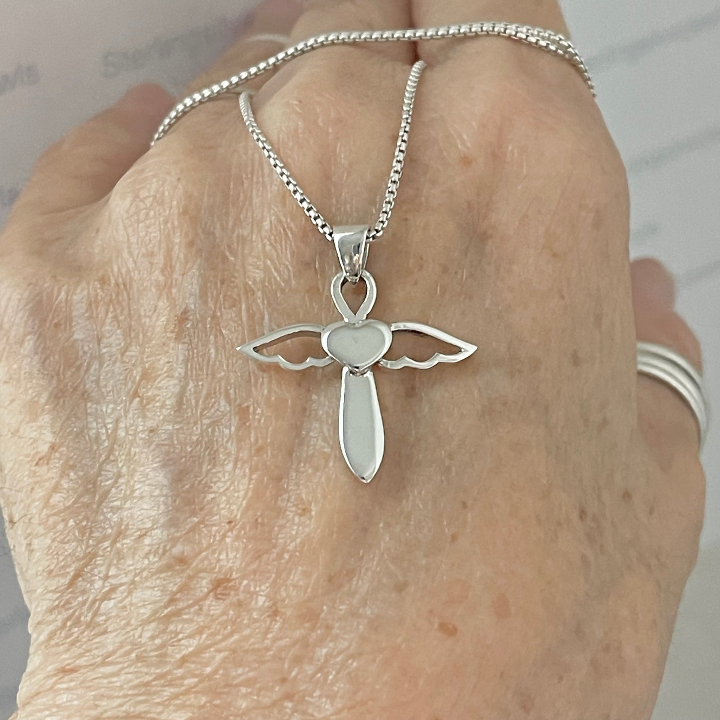 Sterling Silver Heart Angle Cross Necklace, Silver Necklaces, Wings, Hearts
