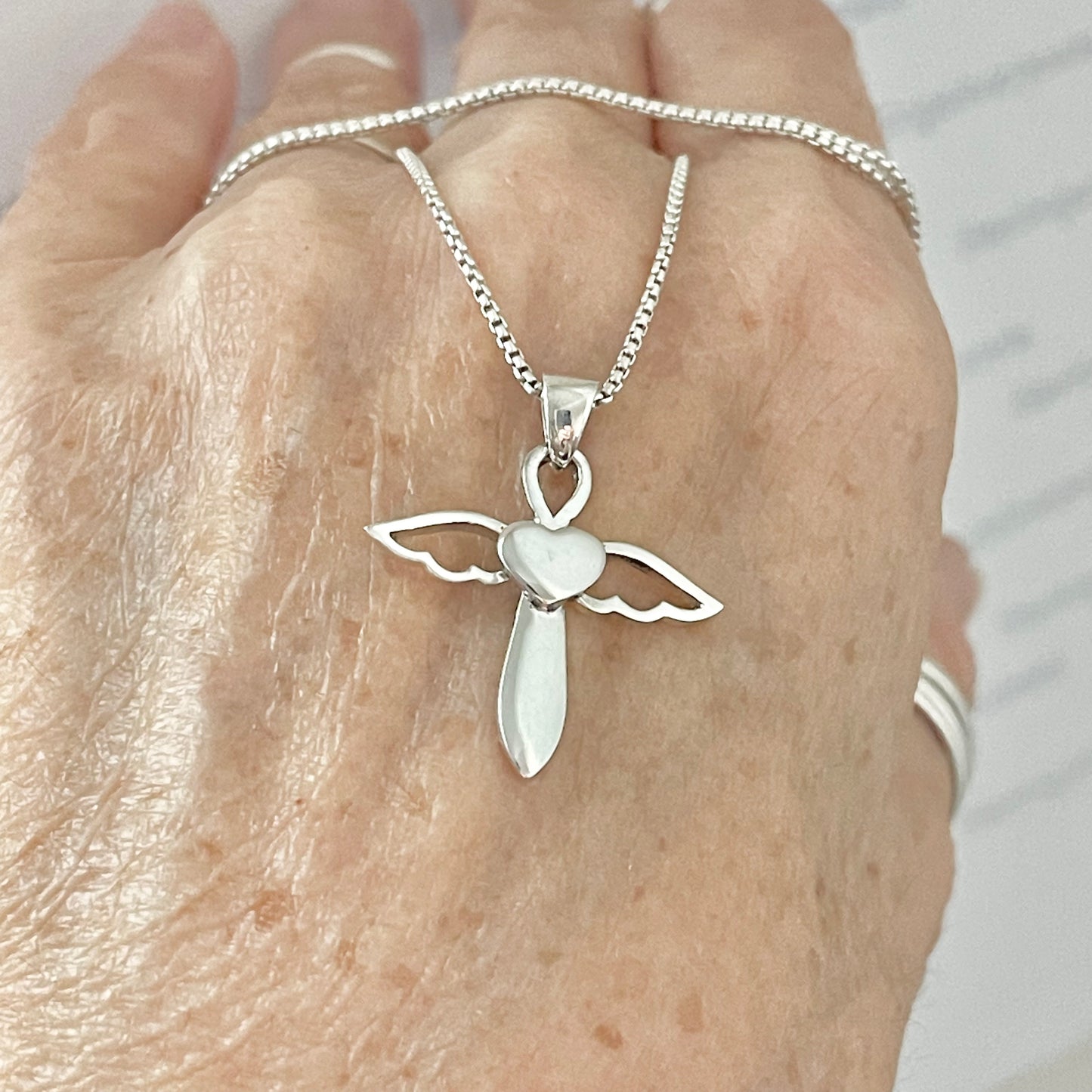 Sterling Silver Heart Angle Cross Necklace, Silver Necklaces, Wings, Hearts