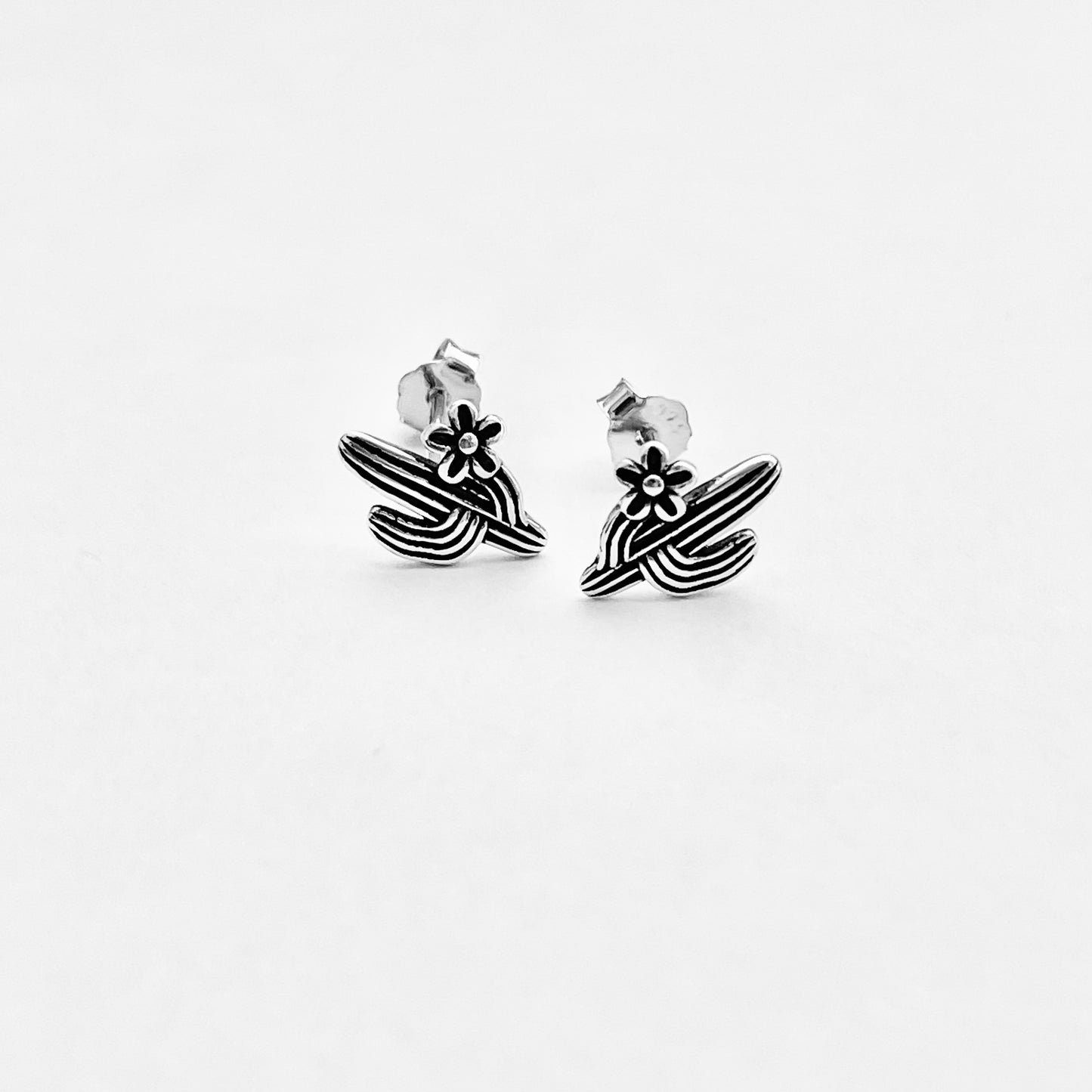 925 Sterling Silver Cactus Stud Earrings with Flower | Desert Plant Silver Earrings