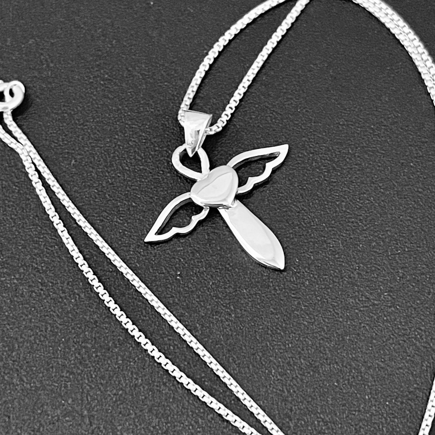 Sterling Silver Heart Angle Cross Necklace, Silver Necklaces, Wings, Hearts