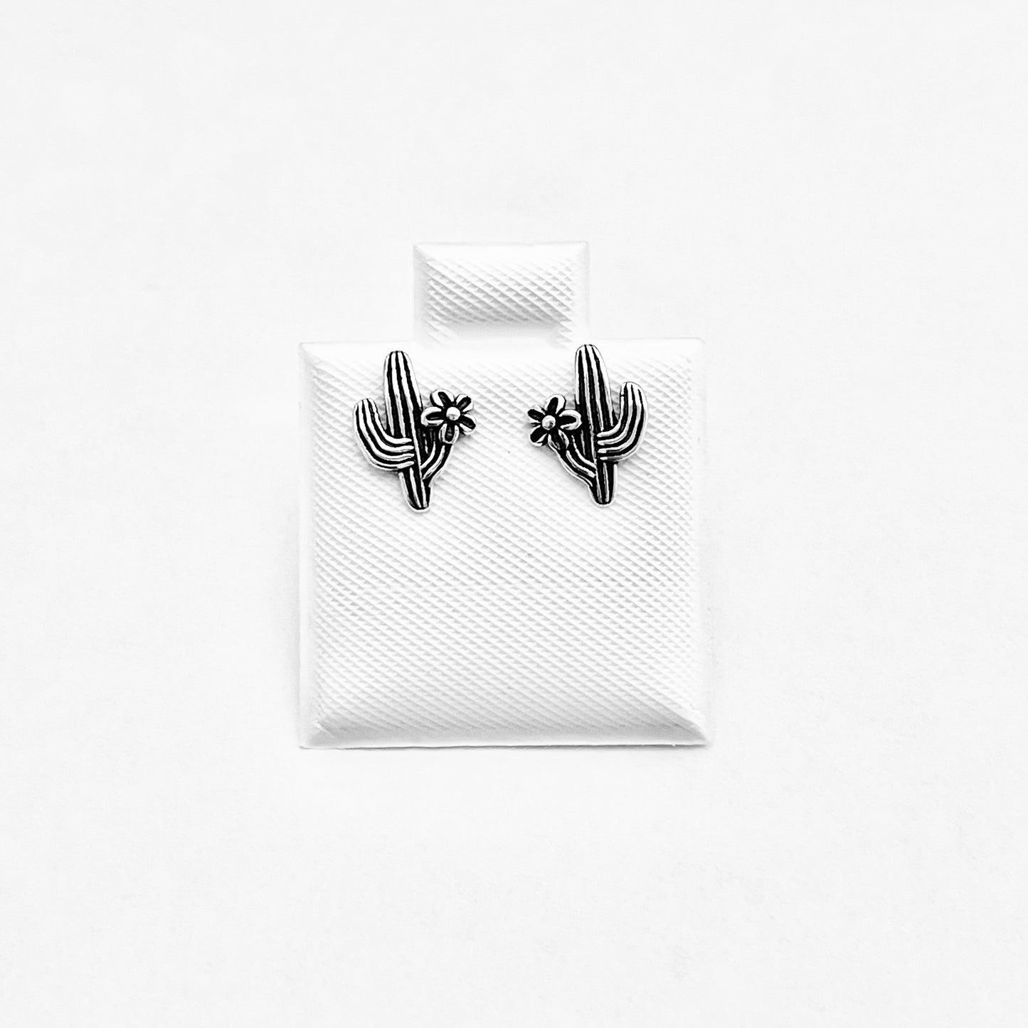 Sterling Silver Cactus Stud Earrings with Flower, Silver Earring, Tree Leaves, Desert Plants