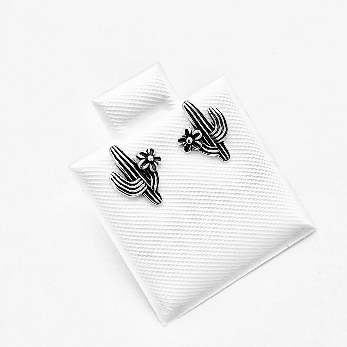 Sterling Silver Cactus Stud Earrings with Flower, Silver Earring, Tree Leaves, Desert Plants