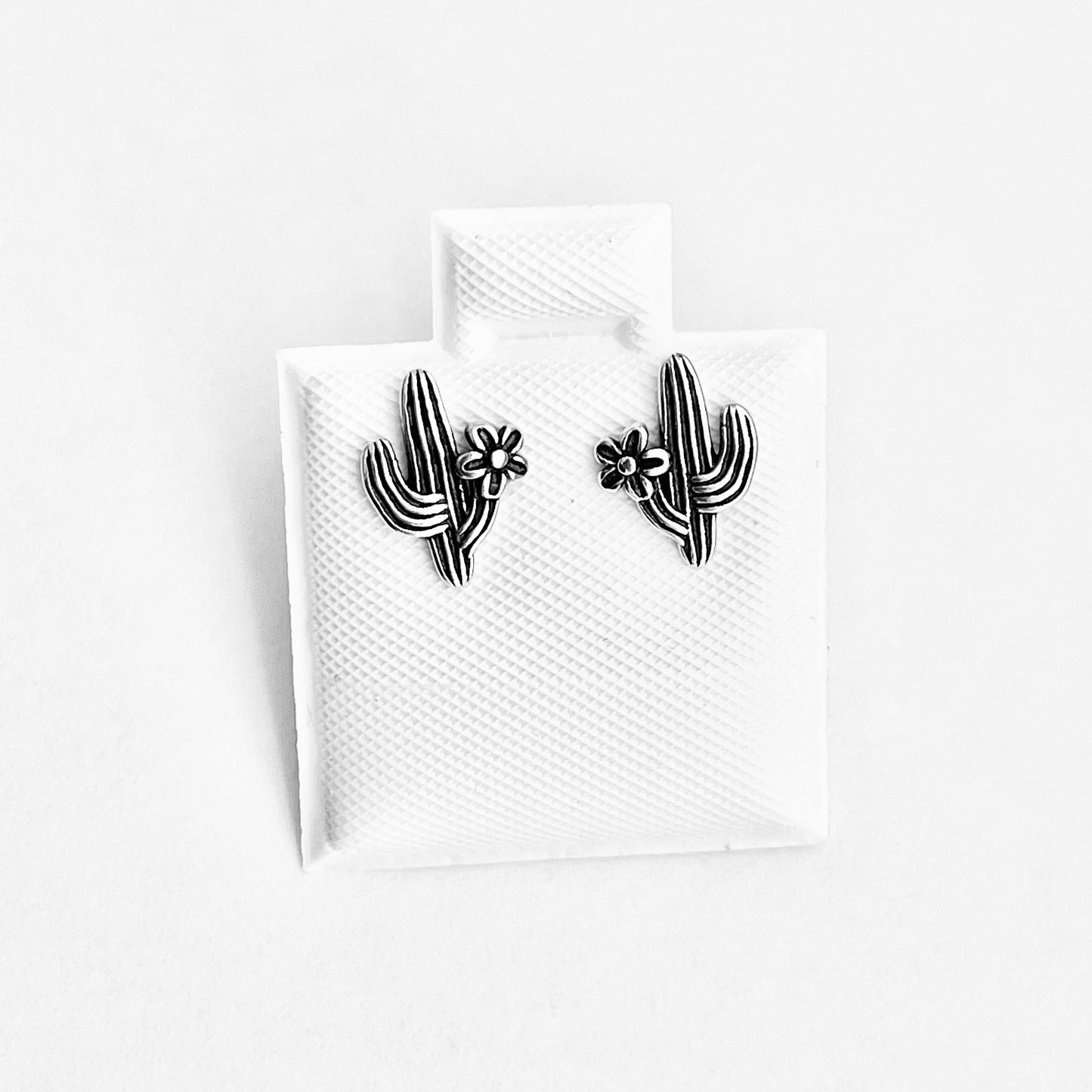 Sterling Silver Cactus Stud Earrings with Flower, Silver Earring, Tree Leaves, Desert Plants