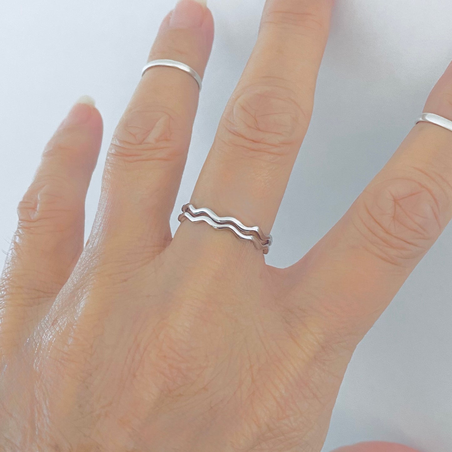 Sterling Silver Dainty Wave Band Ring – Minimalist Ocean Waves Stackable Silver Bands