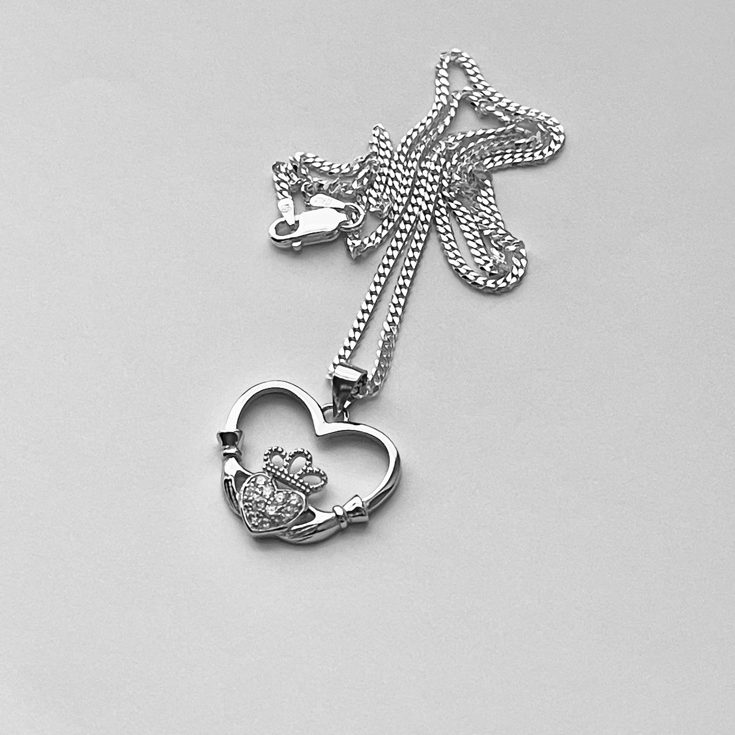 Sterling Silver CZ Heart Hand Irish Claddagh Necklace, Silver Chains, Crown Hearts