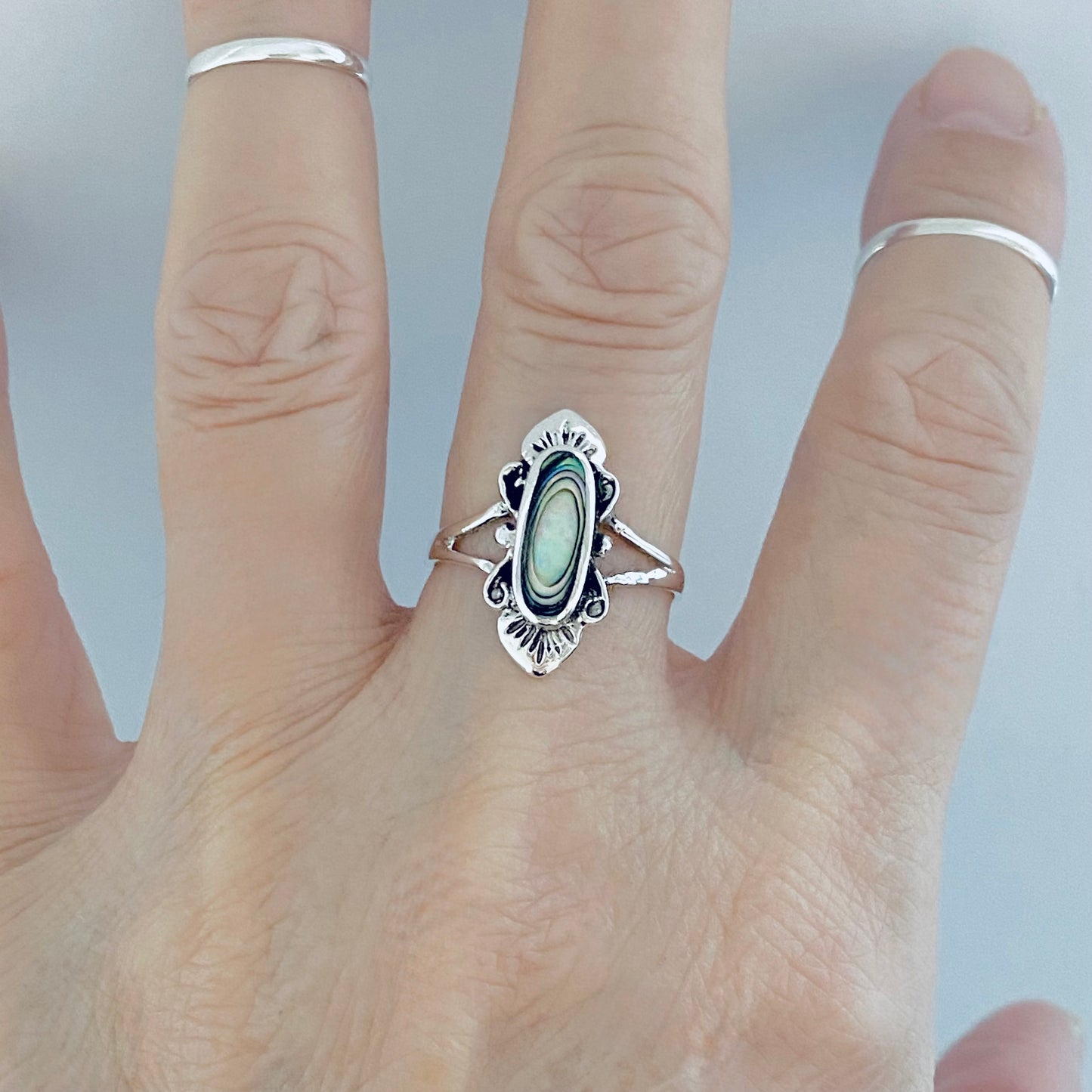 925 Sterling Silver Victorian Abalone Ring – Delicate Boho Seashell Silver Ring, Ocean-Inspired Jewelry