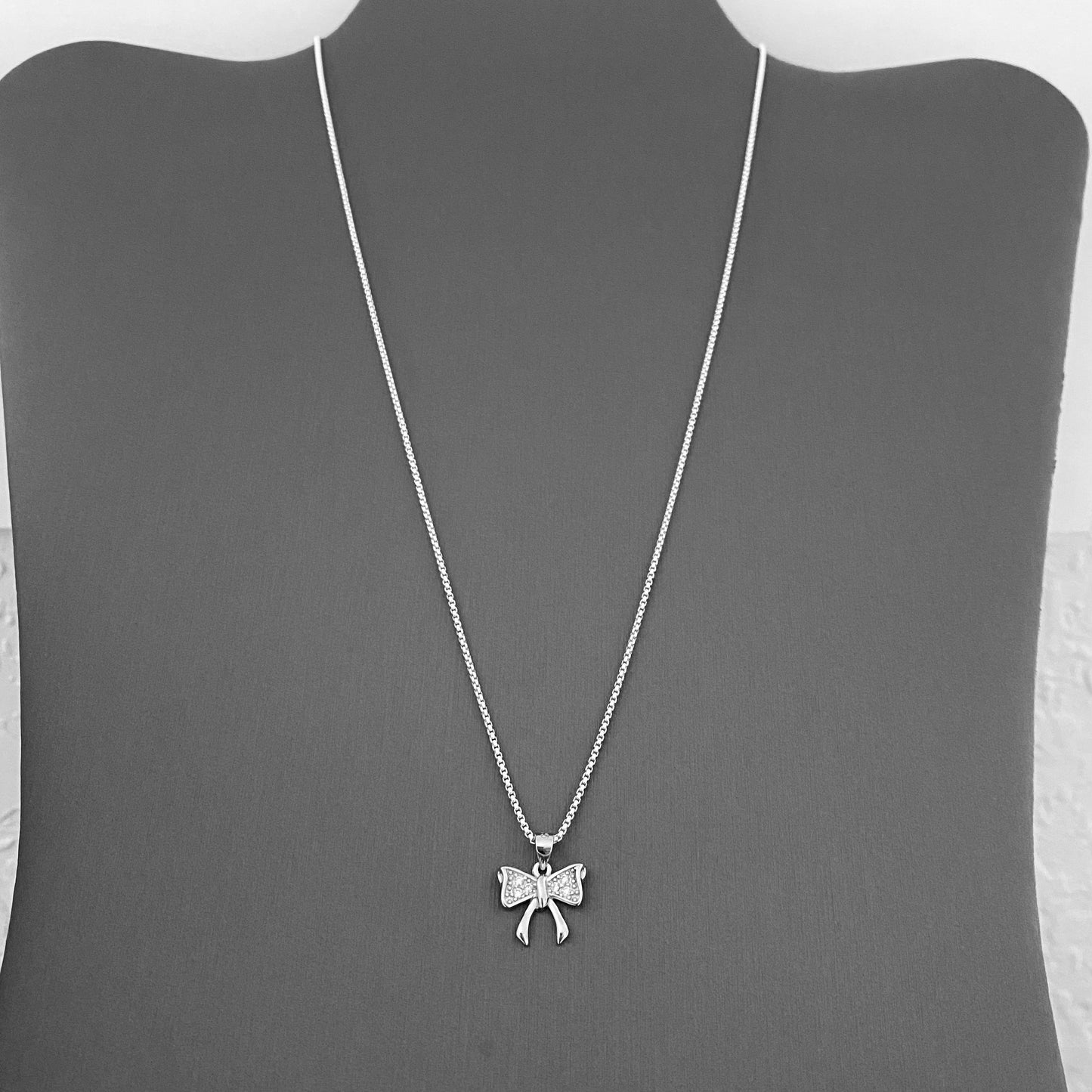 Sterling Silver Minimalist CZ Bow Necklace, Silver Necklaces, Bow Tie Chains