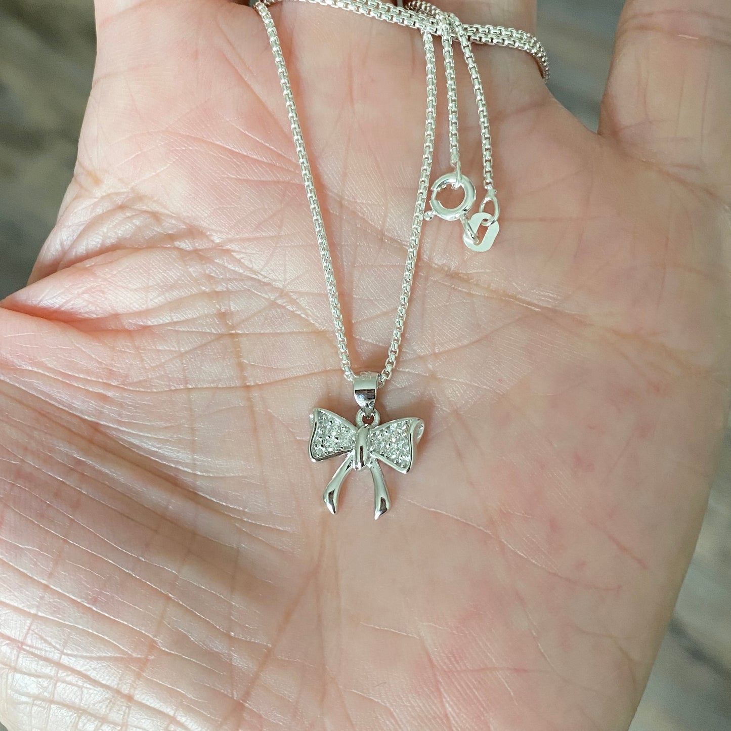 Sterling Silver Minimalist CZ Bow Necklace, Silver Necklaces, Bow Tie Chains