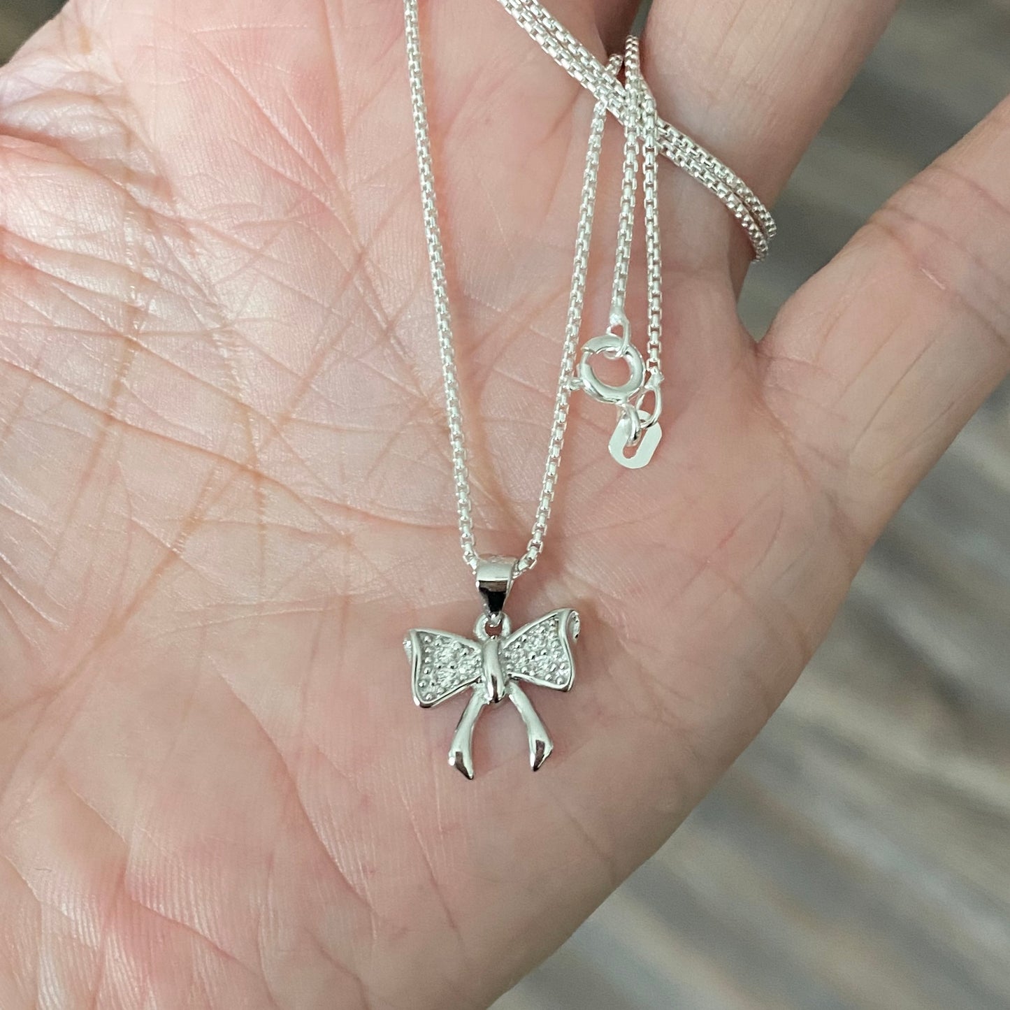 Sterling Silver Minimalist CZ Bow Necklace, Silver Necklaces, Bow Tie Chains