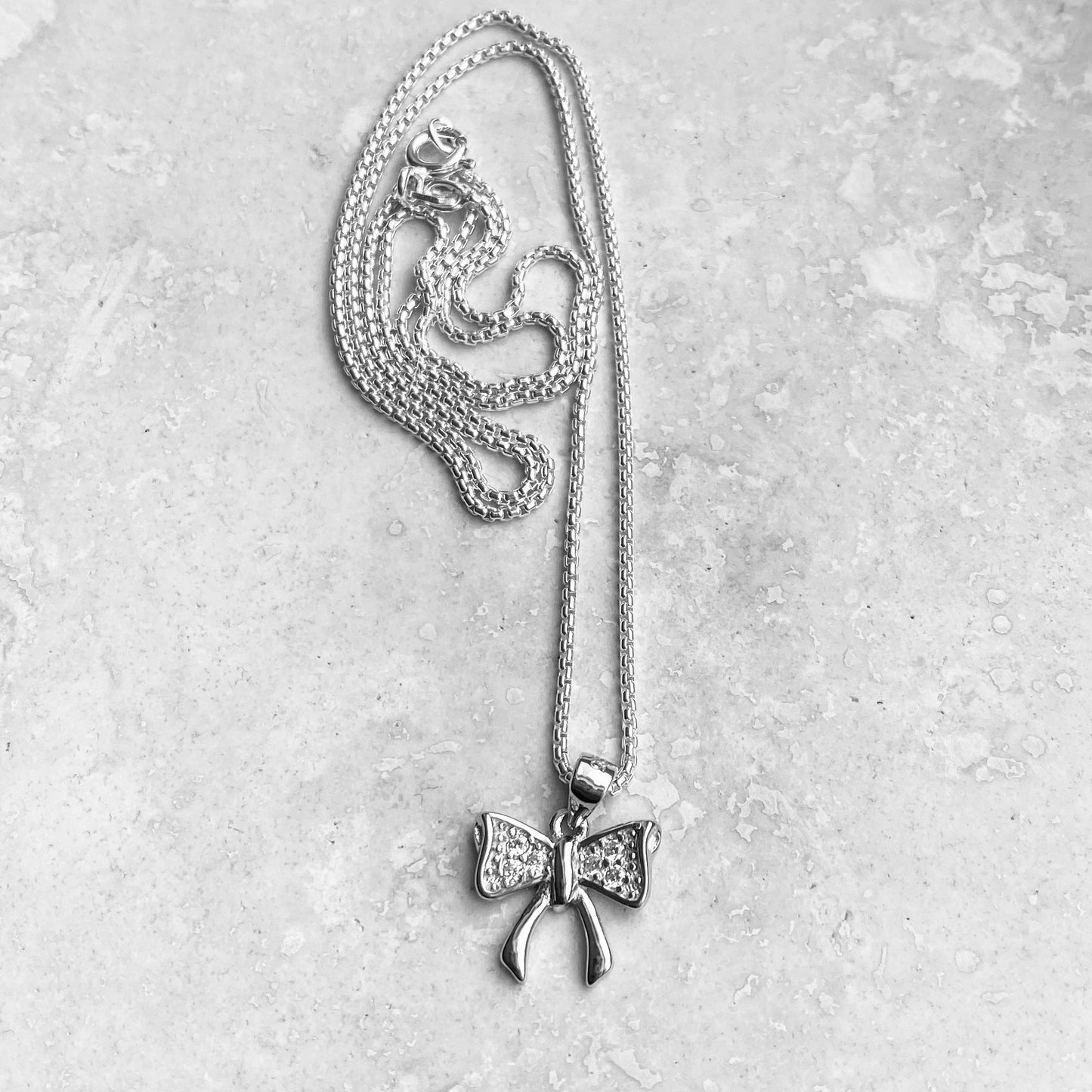 Sterling Silver Minimalist CZ Bow Necklace, Silver Necklaces, Bow Tie Chains