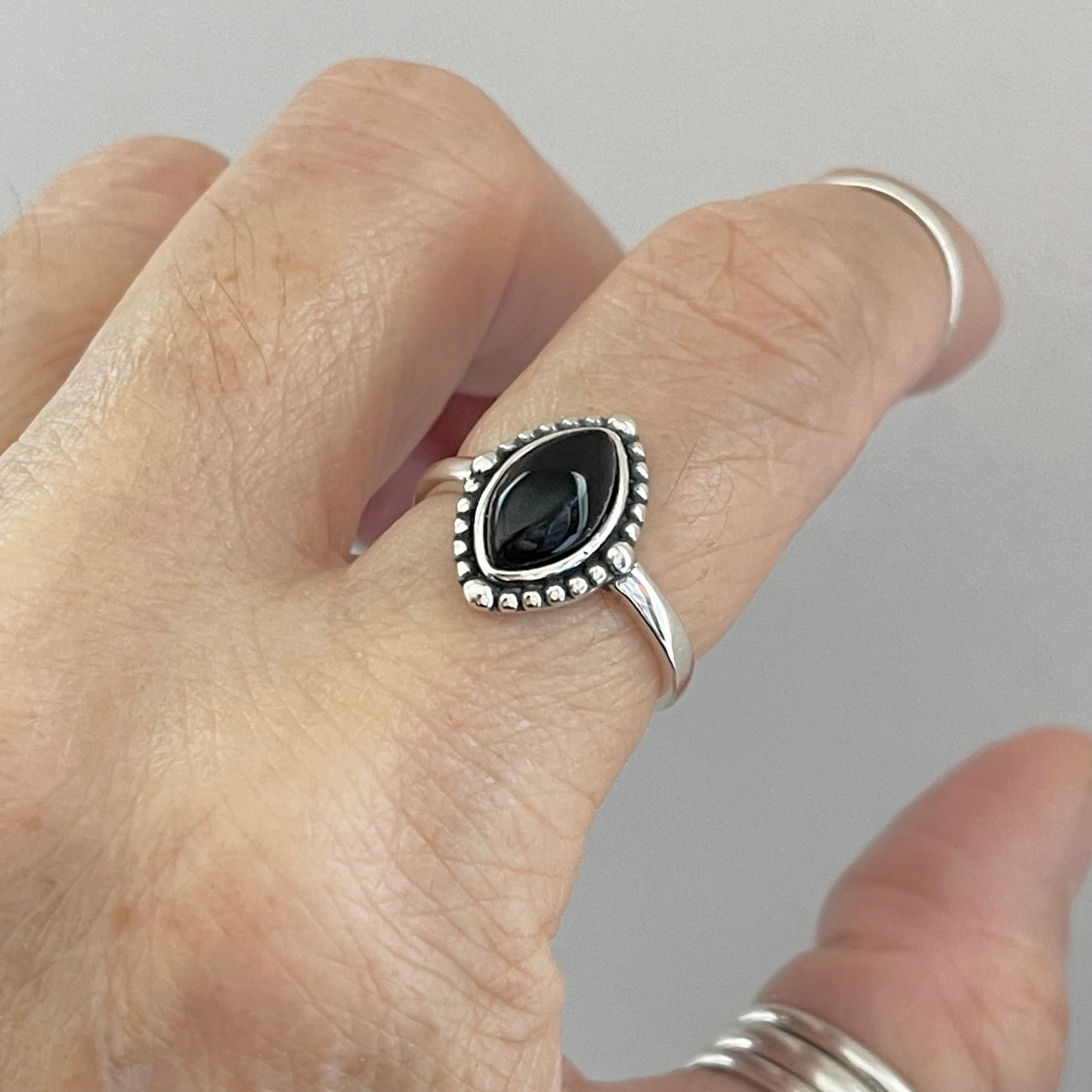 Sterling Silver Diamond Shape Black Onyx Ring with Beads, Silver Rings, Stone Ring