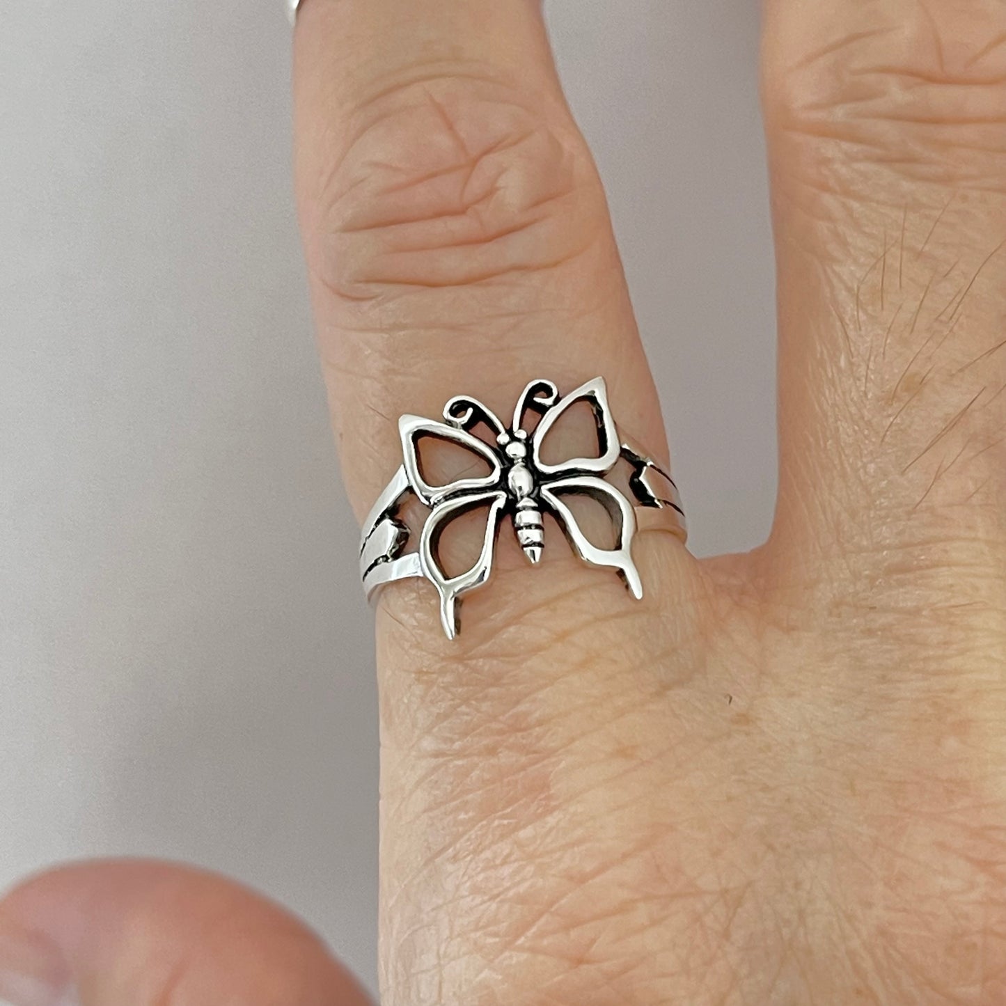 Sterling Silver Large Thin Butterfly Ring, Caterpillar Silver Rings, Spirit Bug Ring