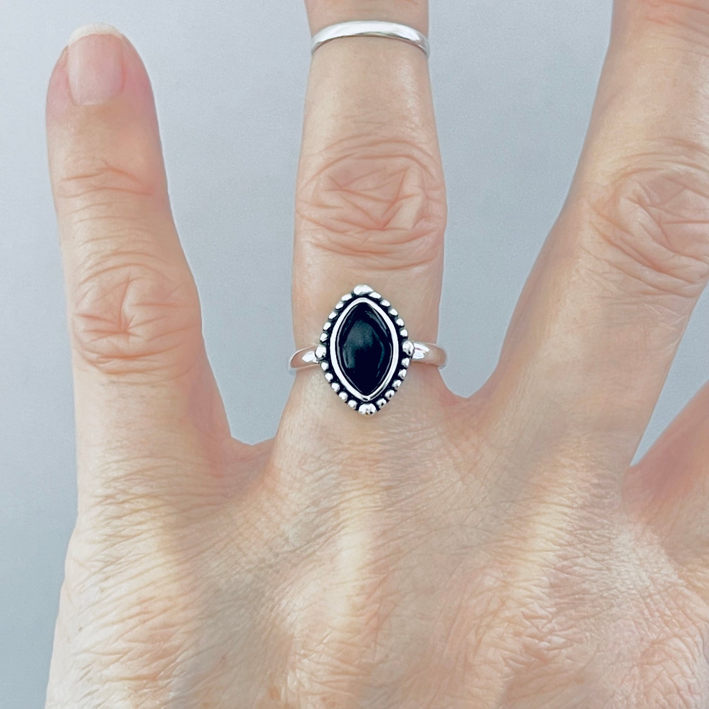 Sterling Silver Diamond Shape Black Onyx Ring | Beaded Stone Silver Rings