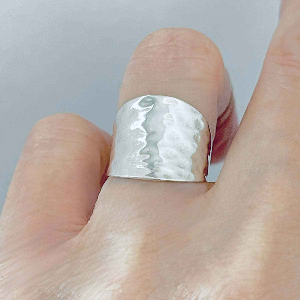 925 Sterling Silver Thin Hammered Concave Ring | Statement Boho Wide Silver Rings