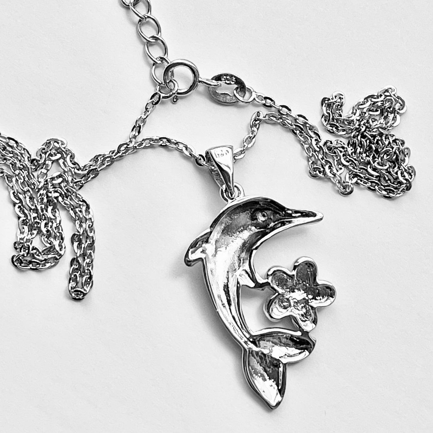 Sterling Silver Plumeria and Dolphin Necklace, Hawaii Flowers, Ocean Fish Jewelry